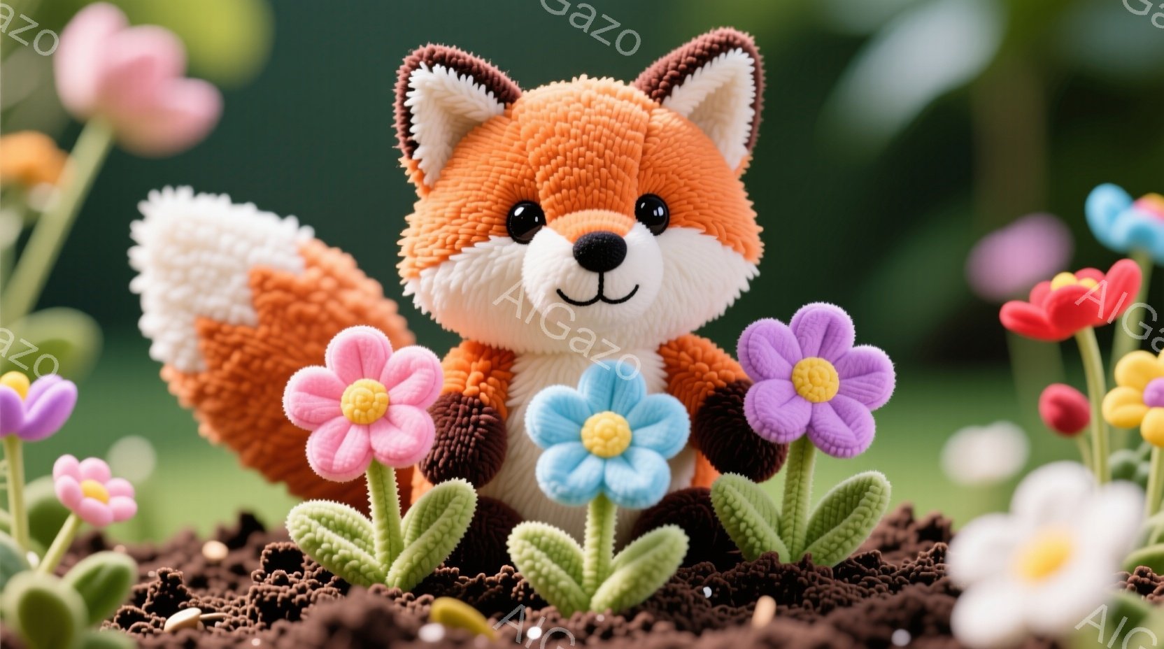 明るい色の花々が咲き乱れる土の中に、ふわふわのオレンジ色の狐が座っています。狐は白い胸と尻尾を持ち、可愛らしい笑顔を浮かべています。背景は緑色のぼかしで、春らしい暖かく優しい雰囲気が漂っています。