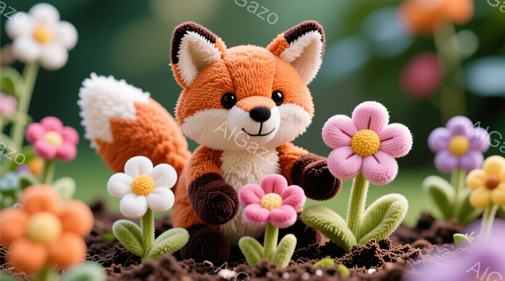 明るいオレンジ色の毛並みを持つキツネのぬいぐるみは、茶色の服を着て、花畑の中に座っています。キツネは笑顔で、丸い黒い目で正面を見ており、ふわふわの白い尻尾が特徴的です。背景には色とりどりの花が咲き乱れ - AI生成フリー素材