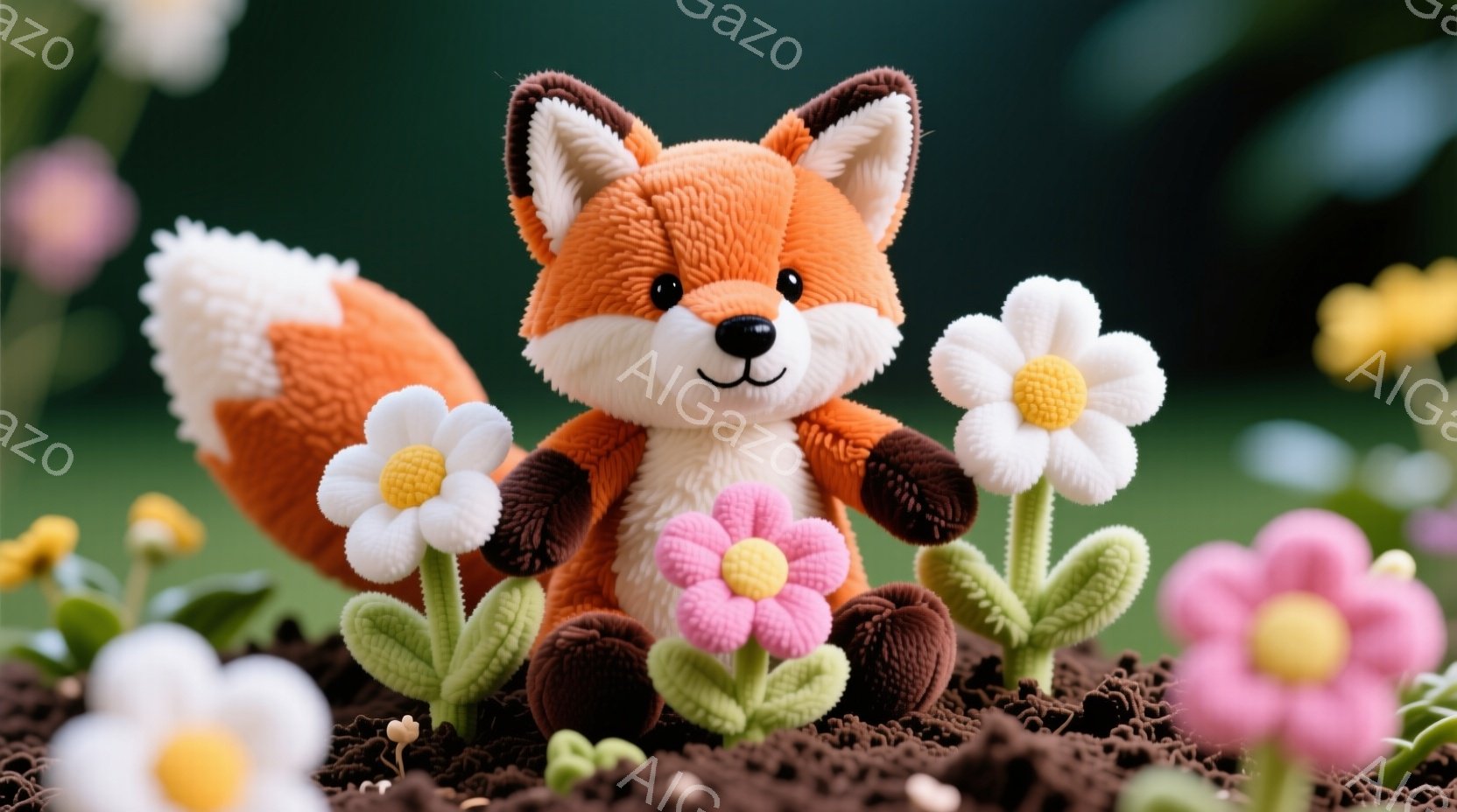 ふわふわのオレンジ色のキツネのぬいぐるみは、ピンクと白の花に囲まれて土の上に座っています。キツネは暗い茶色の短いズボンをはいており、顔は微笑んでいて可愛らしい表情をしています。背景にはぼやけた緑色の植 - AI生成フリー素材