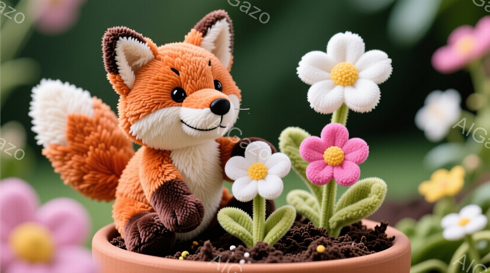 オレンジ色のふわふわした狐が、テラコッタ色の植木鉢の中に座っています。狐はピンクと白の花に囲まれ、穏やかな笑顔を浮かべており、まるで花に話しかけているかのようです。背景には、ぼやけたピンクと白の花が咲 - AI生成フリー素材