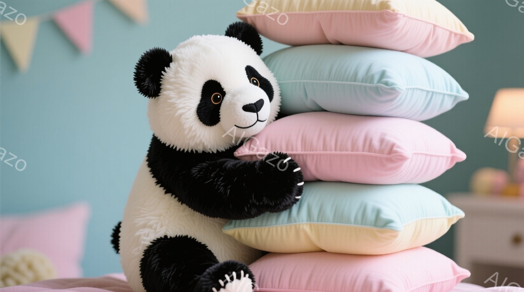 チャームと賑わいを提供する場所であることが示唆されます。中心に見かけるペンギンは、視覚的に魅力的な動物で、玩具のように身を包みしています。ペンギンは枕の堆積に囲まれ、手がその中の網で覆われています。  - AI生成フリー素材