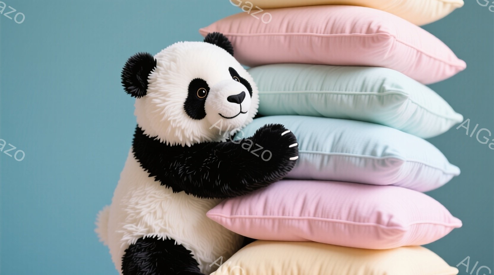 ふわふわのパンダのぬいぐるみは、パステルカラーの枕の山にもたれかかっており、リラックスした様子を見せています。パンダは黒い目と鼻、そして白い毛並みを持ち、片手を枕の上に置き、ゆったりとした姿勢でくつろ - AI生成フリー素材