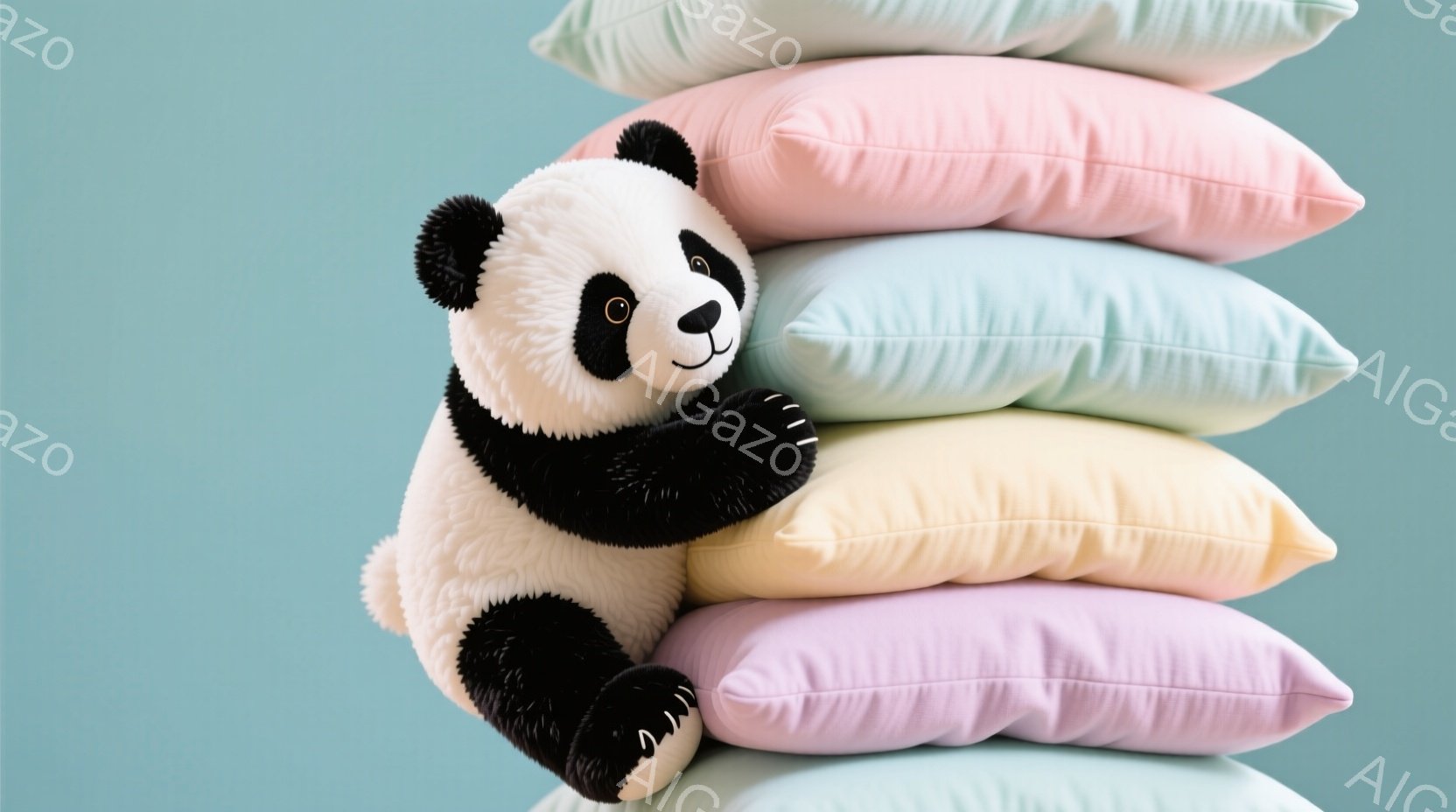 ふわふわのパンダのぬいぐるみがおしゃれな枕の山に寄りかかっています。枕はパステルピンク、水色、クリーム色、薄紫と、優しい色合いで積み重ねられています。背景は明るい水色で、全体的に柔らかく、リラックスし - AI生成フリー素材