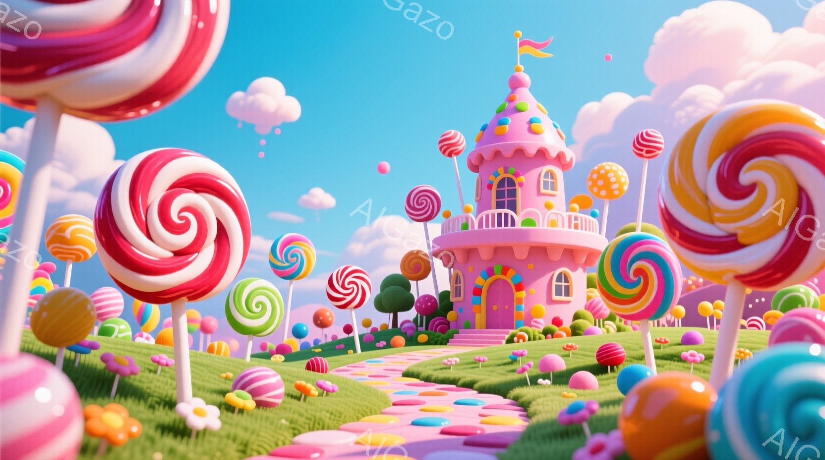 カラフルなキャンディが並ぶ夢のような風景が広がっています。ピンク色の可愛らしいお城が緑の丘の上に建っており、キャンディで作られた花や道が広がっています。空には綿菓子のような雲が浮かび、全体的に明るく甘 - AI生成フリー素材