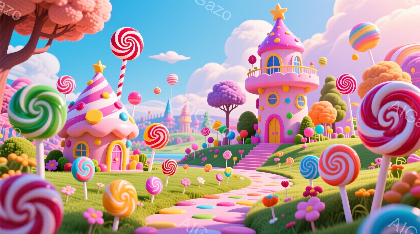 鮮やかな色彩で彩られたお菓子の国のような風景が広がっています。ピンク色の道と建物が特徴的で、巨大なキャンディが至る所に生えており、夢のような世界観を作り出しています。背景には、パステルカラーの雲と、遠 - AI生成フリー素材
