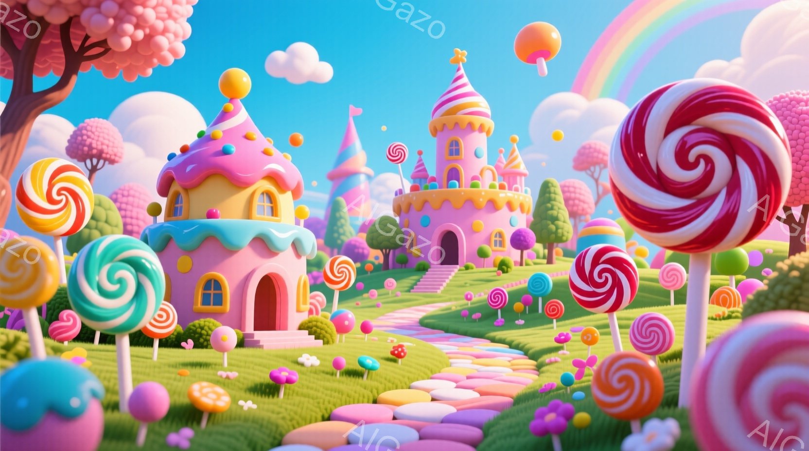 カラフルなキャンディランドの風景が広がっています。ピンクや黄色の可愛らしい家々が点在し、巨大なキャンディが庭に生えています。空には虹がかかり、全体的に夢のような、甘い雰囲気が漂っています。
