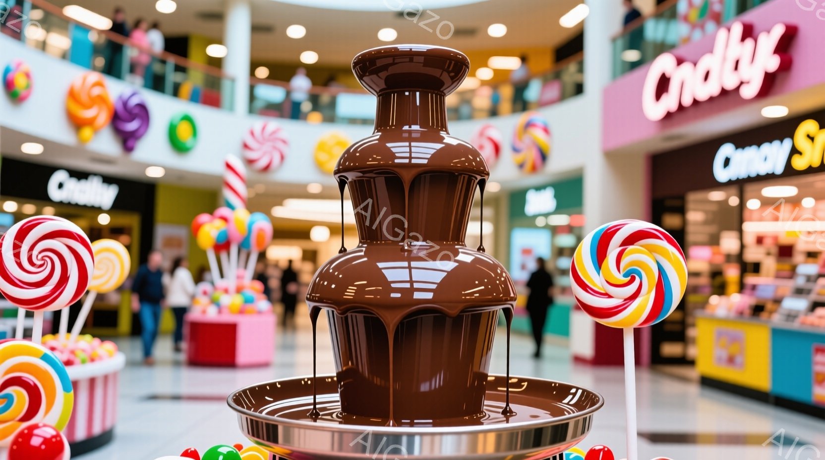 ショッピングモールの中心にチョコレートファウンテンが設置されており、茶色のチョコレートが幾重にも流れ落ちています。背景にはカラフルなキャンディや、お菓子のディスプレイ、そしてぼんやりと見える人々が見え - AI生成フリー素材