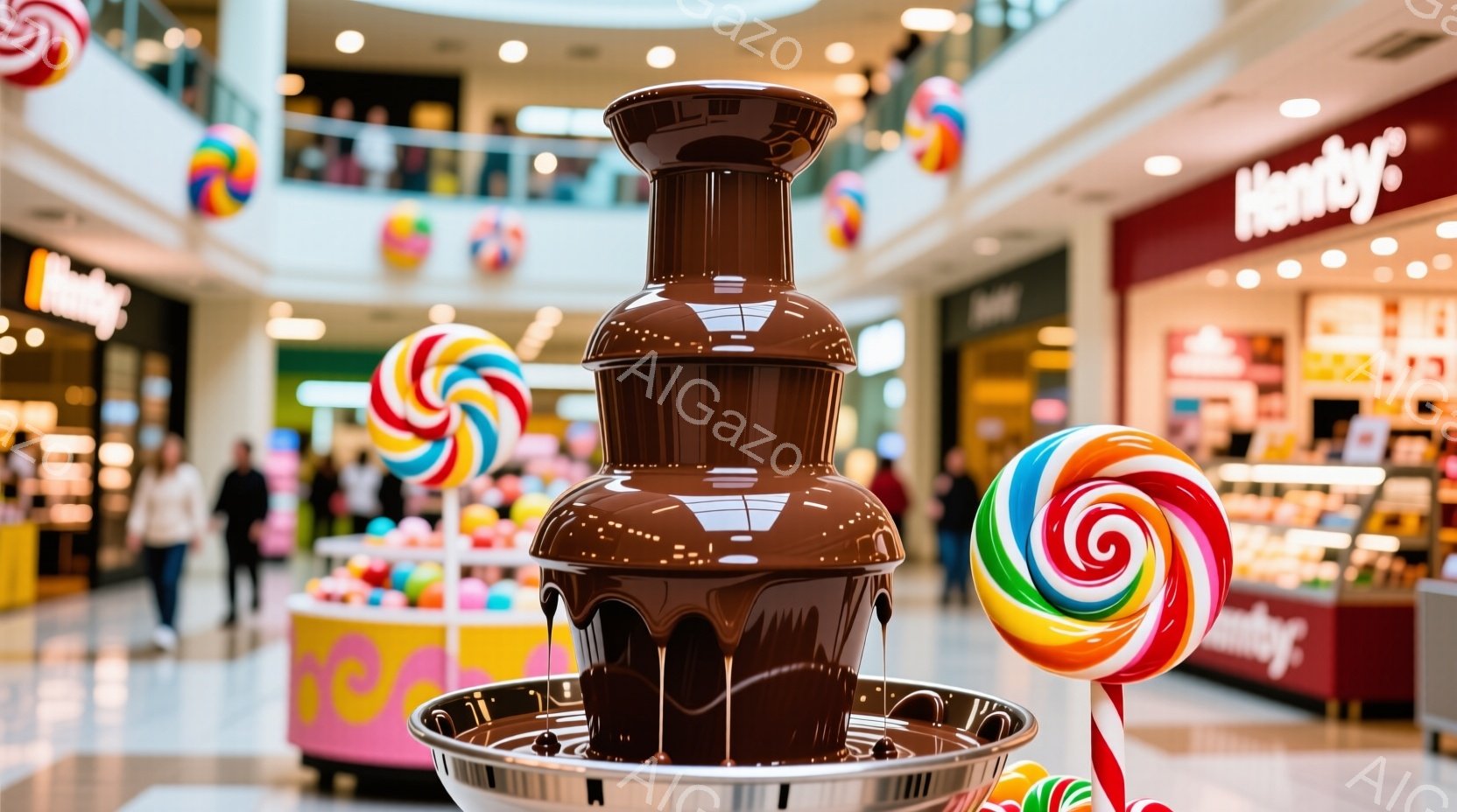 ショッピングモールの内装で、チョコレートファウンテンが設置されています。カラフルなキャンディがファウンテンの周りに飾られ、明るく楽しい雰囲気を醸し出しています。背景には、お菓子屋さんのショーケースと人々が見え、賑やかなショッピングモールの様子が伺えます。