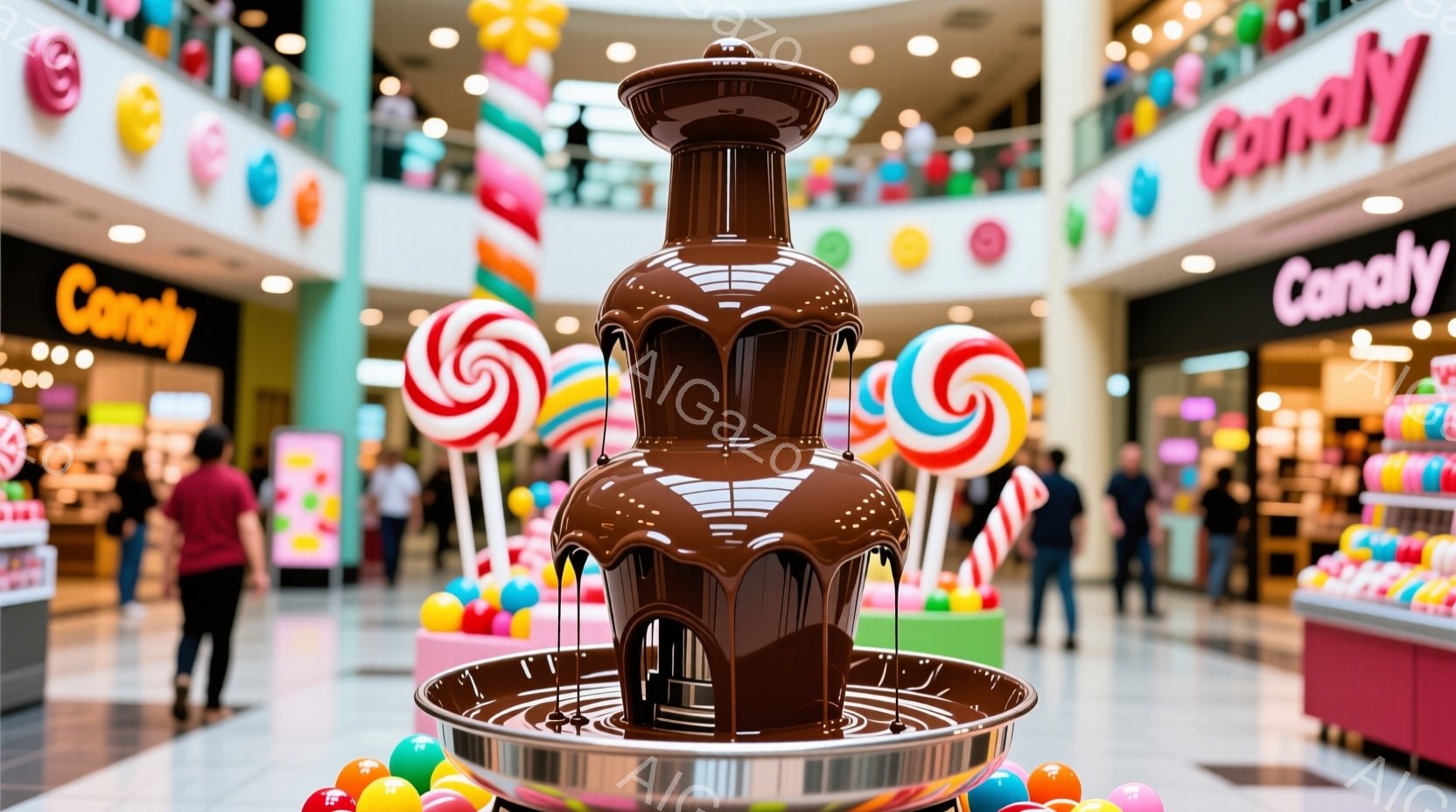 ショッピングモールの内装で、チョコレートファウンテンが中央に配置されています。ファウンテンからは溶けたチョコレートが流れ落ち、周りにはカラフルなキャンディーや球状のお菓子が置かれています。背景にはお菓 - AI生成フリー素材
