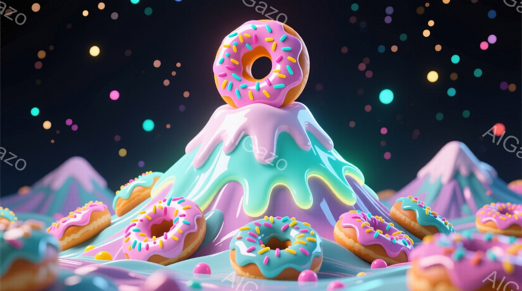 鮮やかなターコイズブルーとピンクのクリームで覆われた山々が、夜空を背景に幻想的に浮かび上がっています。ドーナツが山頂や斜面に配置され、カラフルなスプリンクルがアクセントとなっています。全体的に明るくポ - AI生成フリー素材
