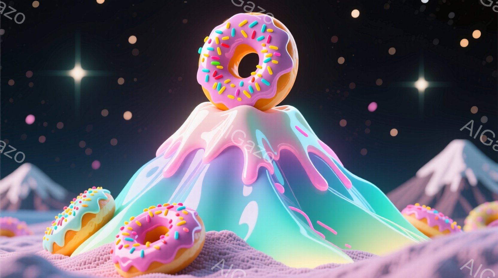 鮮やかなピンク、紫、水色の練り状の物体が、溶けたアイスクリームのような見た目をしています。その上に、カラフルなトッピングが施されたドーナツがいくつか置かれており、まるで山頂に飾られているようです。背景 - AI生成フリー素材