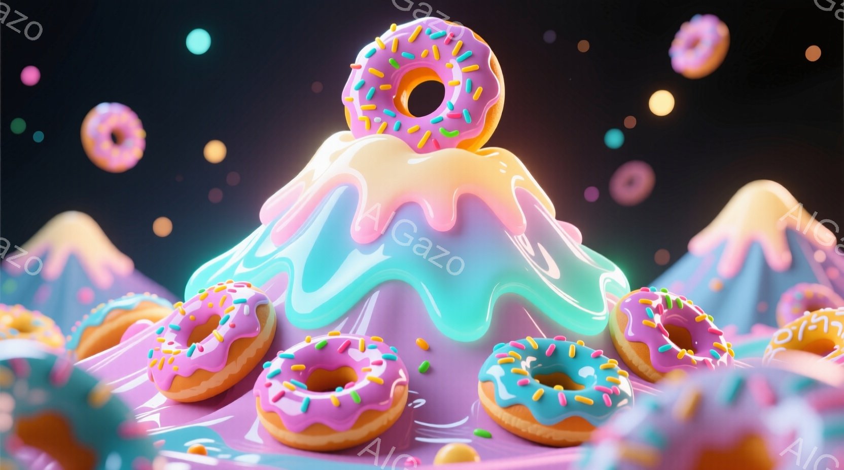 鮮やかなピンクと水色のドロップのような背景に、色とりどりのドーナツが浮かんでいます。ドーナツはピンク、水色、黄色などでコーティングされ、カラフルなスプリンクルが散りばめられており、まるで夢のようなお菓 - AI生成フリー素材