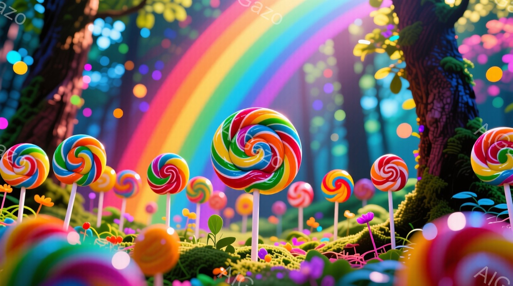 カラフルなキャンディーが草原に生い茂る、夢のような風景です。背景には巨大な木々と、虹がかかり、まるで妖精が住む世界のような幻想的な雰囲気を醸し出しています。光の粒子が舞い、鮮やかな色彩が目に飛び込んで - AI生成フリー素材