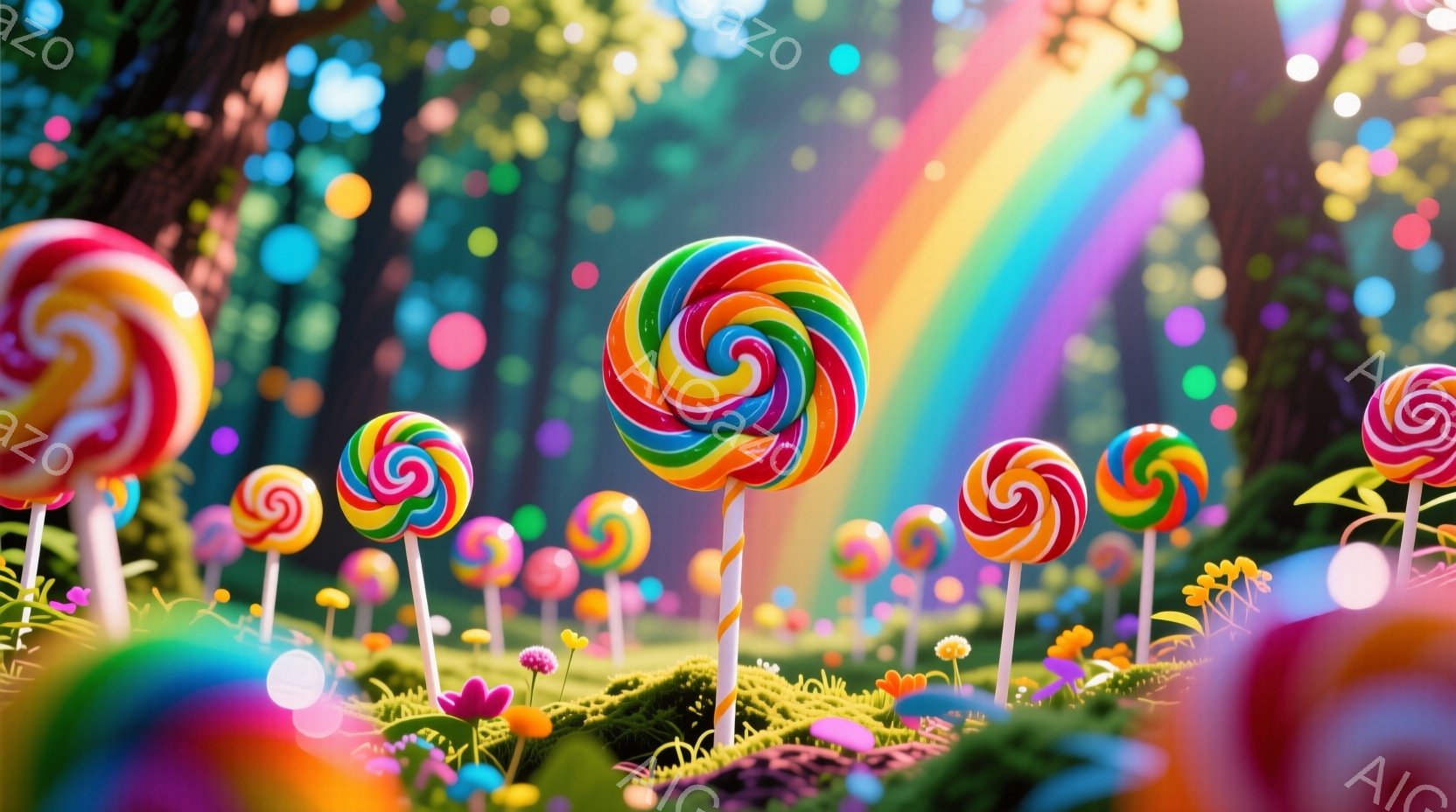 鮮やかな色彩のキャンディが、緑豊かな草地のあちこちに咲き乱れる幻想的な風景です。背景には虹がかかり、カラフルなキノコや小さな花々が点在し、まるで童話の世界のような雰囲気を作り出しています。全体的に明る - AI生成フリー素材
