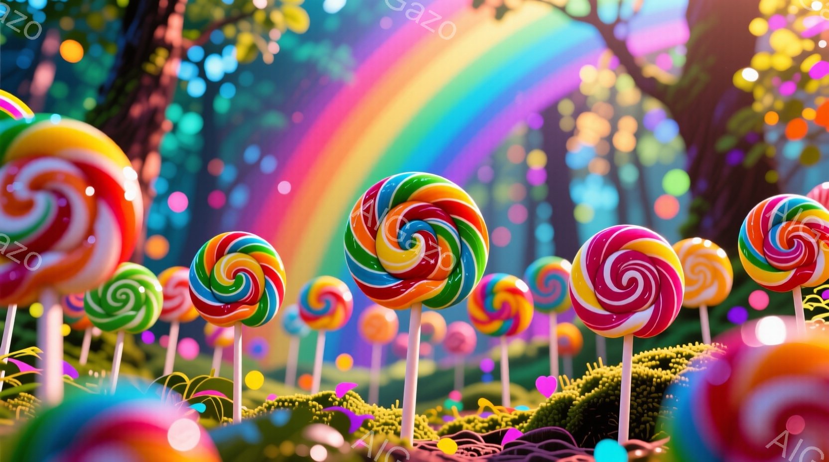 カラフルな渦巻きキャンディが芝生の上に整然と並び、まるで花畑のようになっています。背景には緑豊かな森が広がり、上空には虹が架かっていることから、ファンタジーで夢のような雰囲気が漂っています。光の粒子が - AI生成フリー素材