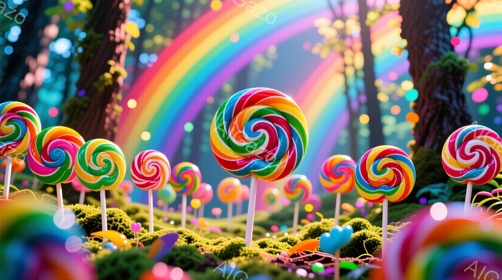 カラフルな渦巻きキャンディが、緑の苔の上に並んでいるファンタジーな風景です。背景には高い木々と虹が広がり、小さなハートや光の粒子が散りばめられて、夢のような雰囲気を醸し出しています。全体的に明るく、遊 - AI生成フリー素材