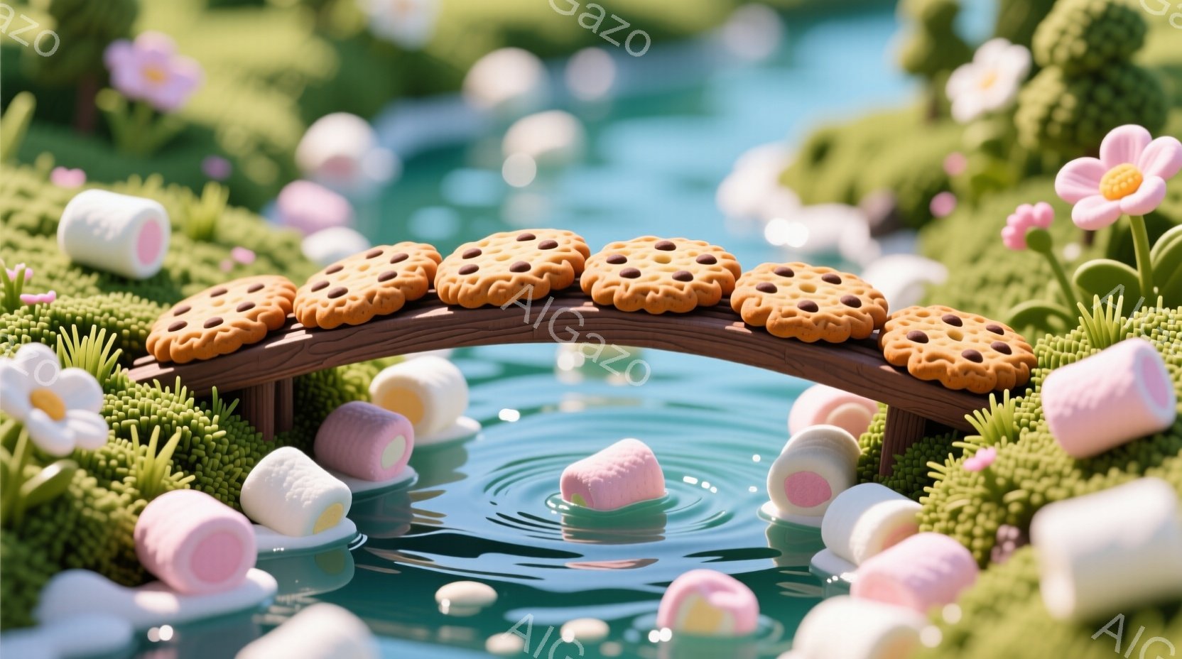 緑豊かな風景の中に、お菓子の橋が架かっています。マシュマロやクッキーが橋の周りや水面に浮かび、可愛らしい花々が彩りを添えています。全体的に夢のような、お菓子でできた世界を表現した、甘くて優しい雰囲気です。