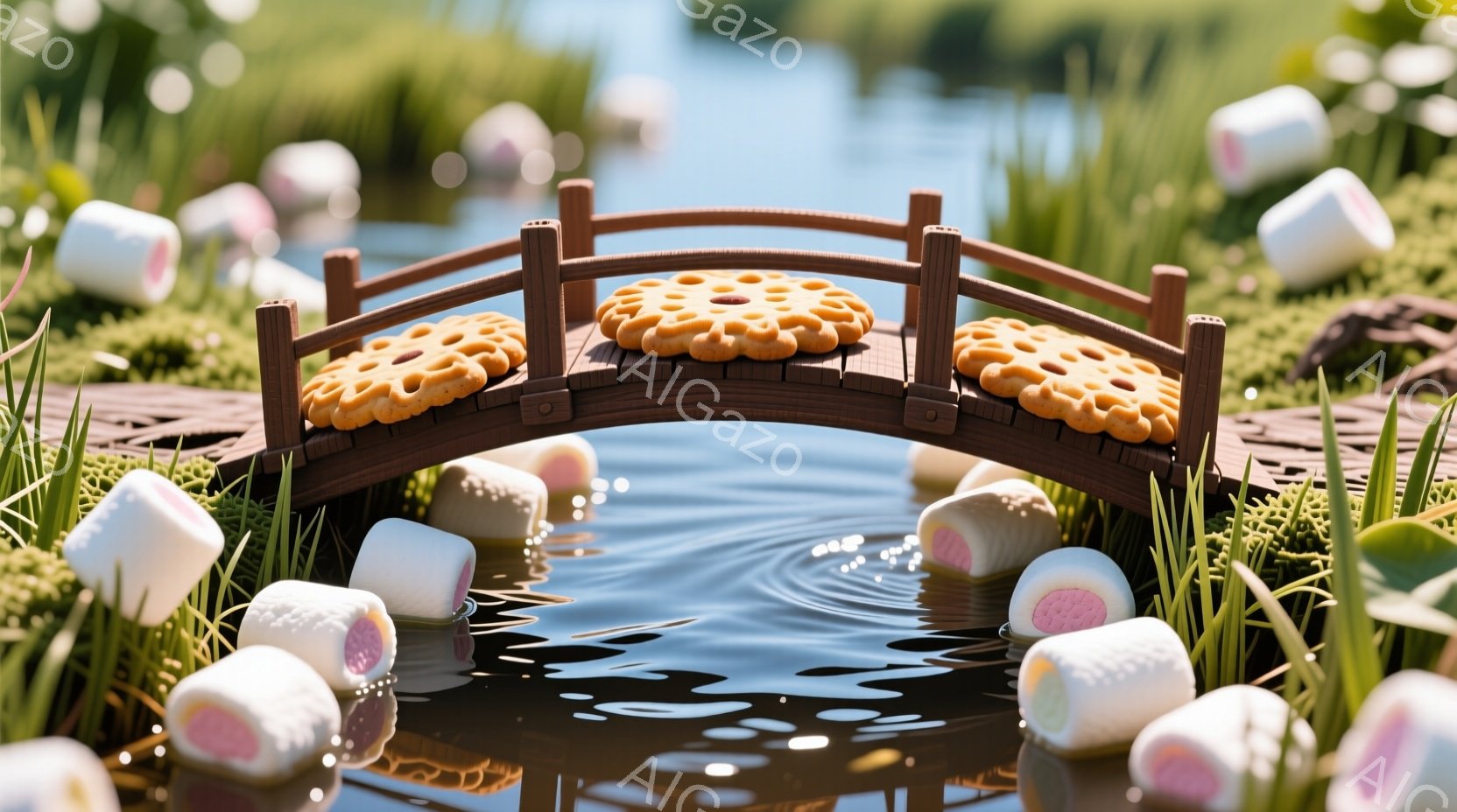 小さな木製の橋が、緑豊かな草と白いマシュマロのような物体に囲まれた水面を横断している。橋の上には、いくつかの丸いビスケットが置かれており、水面にわずかな波紋が広がっている。全体的に、可愛らしく、おとぎ話のような雰囲気で、春の穏やかな日を思わせる。