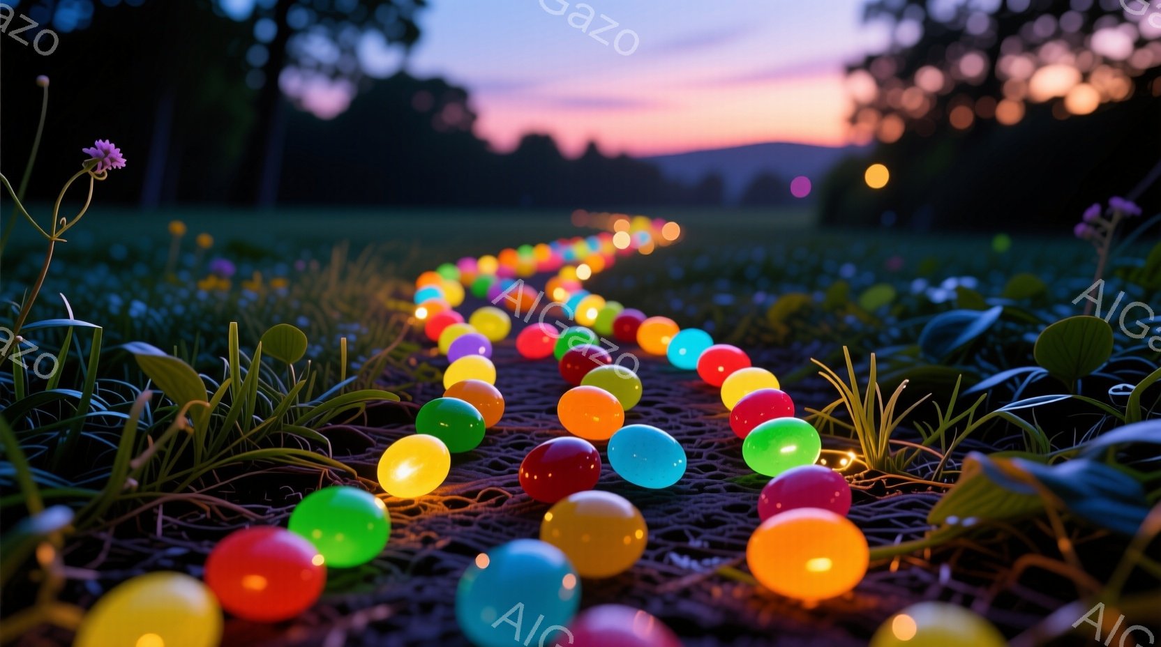 草原にカラフルな光る球体が一直線に並び、幻想的な光景を作り出しています。背景には夕焼け空が広がり、木々のシルエットがシルエットとして浮かび上がり、暖かく穏やかな雰囲気を醸し出しています。球体は緑豊かな - AI生成フリー素材