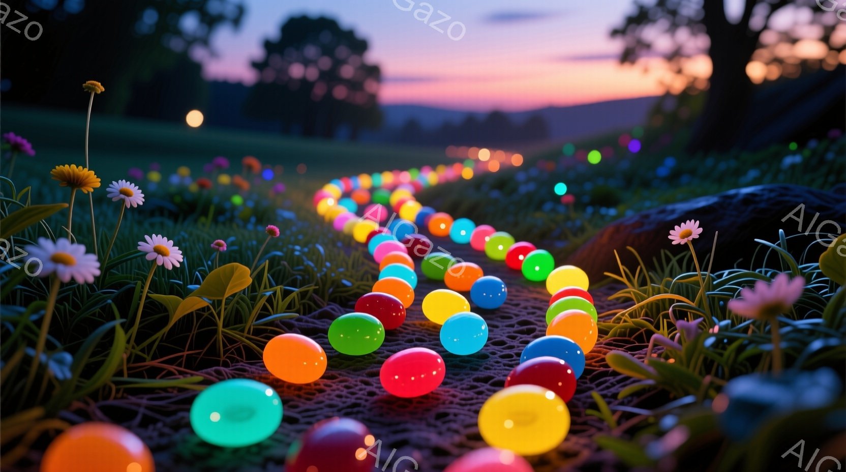 草原に色とりどりの光る球体が散りばめられた幻想的な風景です。鮮やかな色彩の球体は、緑の草と野花の間を縫うように並び、柔らかな光を放っています。背景には、夕焼けに染まる山々が広がり、全体的に夢幻的で温か - AI生成フリー素材