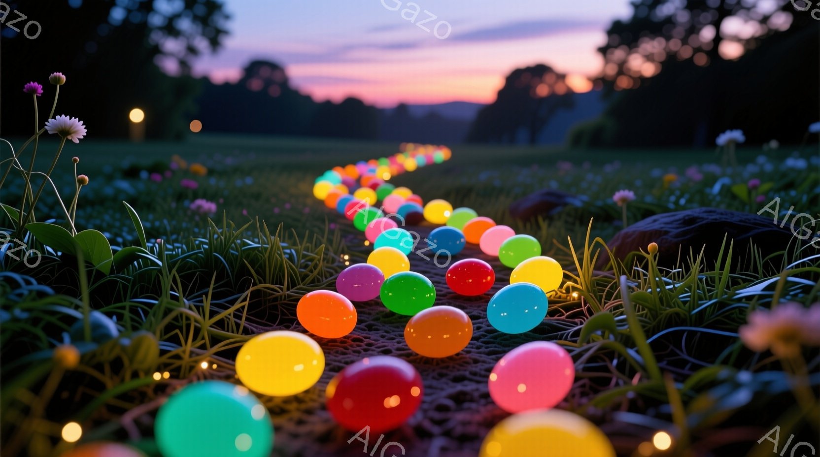 広範囲にわたる緑の草原に、色とりどりの光る球体が並べられた小道が伸びています。周囲には緑の草や小さな花が咲き、遠くには木々が見え、夕焼け空が美しいグラデーションを描いています。全体的に幻想的で、夢のよ - AI生成フリー素材