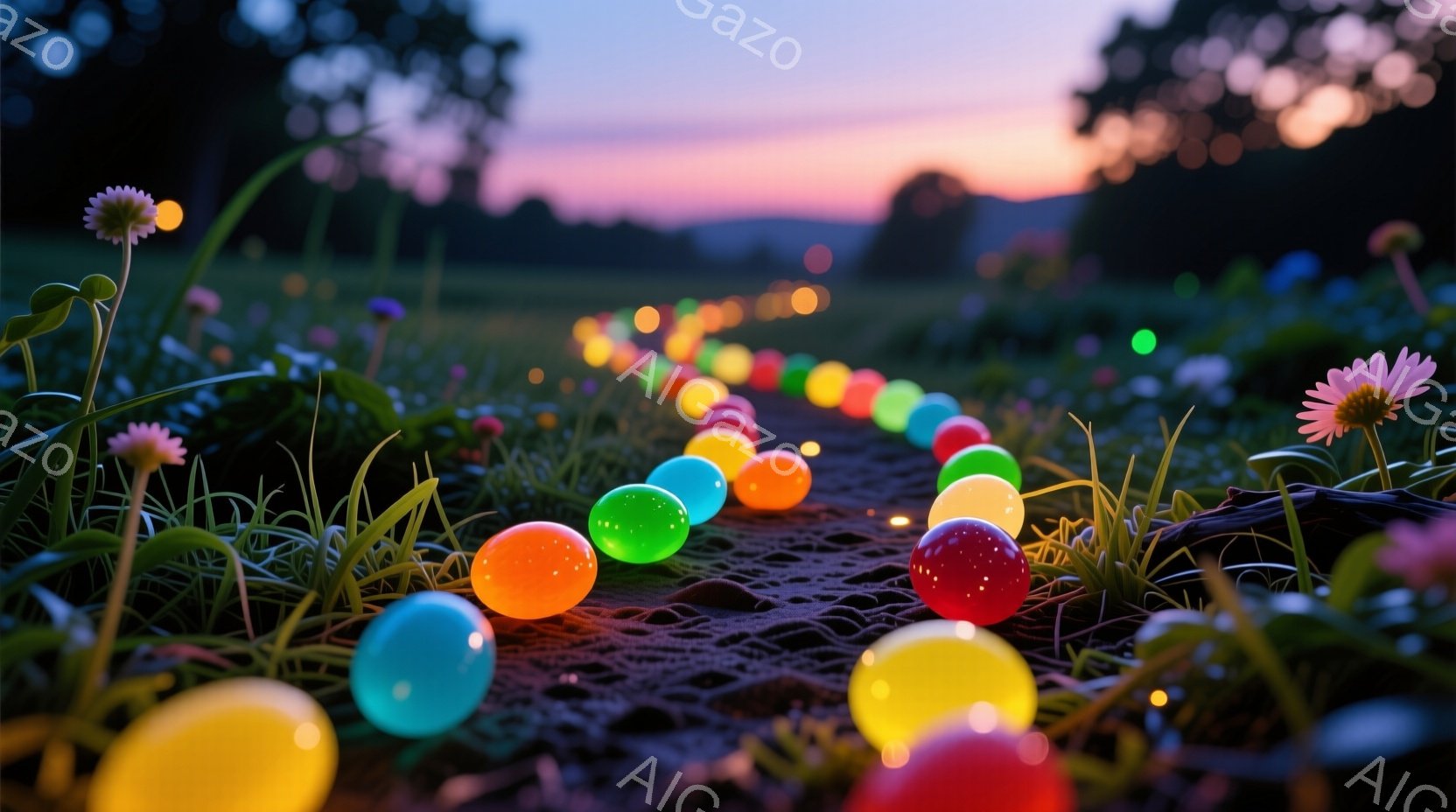 鮮やかな色の球体が、緑豊かな草が生い茂る土の道に並べられている様子が捉えられている。背景には、夕焼けの空が広がり、暖かく幻想的な雰囲気を醸し出している。道沿いには小さな白い花が点在し、全体的に夢のよう - AI生成フリー素材