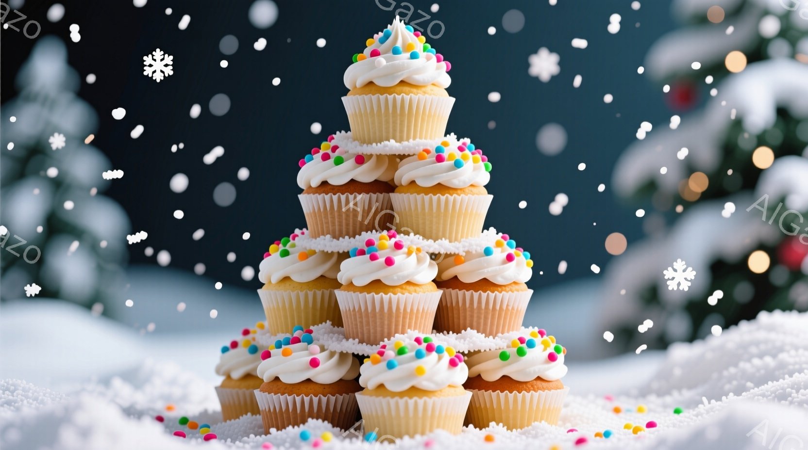 白地にカラフルなスプリンクルが散りばめられたカップケーキが、クリスマスツリーのように積み上げられています。背景は雪景色で、ぼやけた緑色の木々が確認できます。全体的に暖かく、お祝いの雰囲気が漂う、冬のワ - AI生成フリー素材