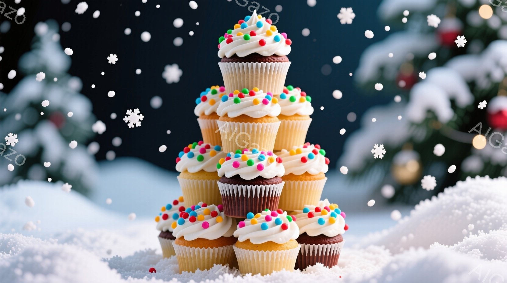 霜で覆われた背景に、カラフルなスプリンクルと白いクリームが飾られたチョコレートカップケーキが積み上げられたピラミッド状の塔が写っています。背景には雪に覆われたクリスマスツリーが見え、雪が舞い散る冬の風 - AI生成フリー素材