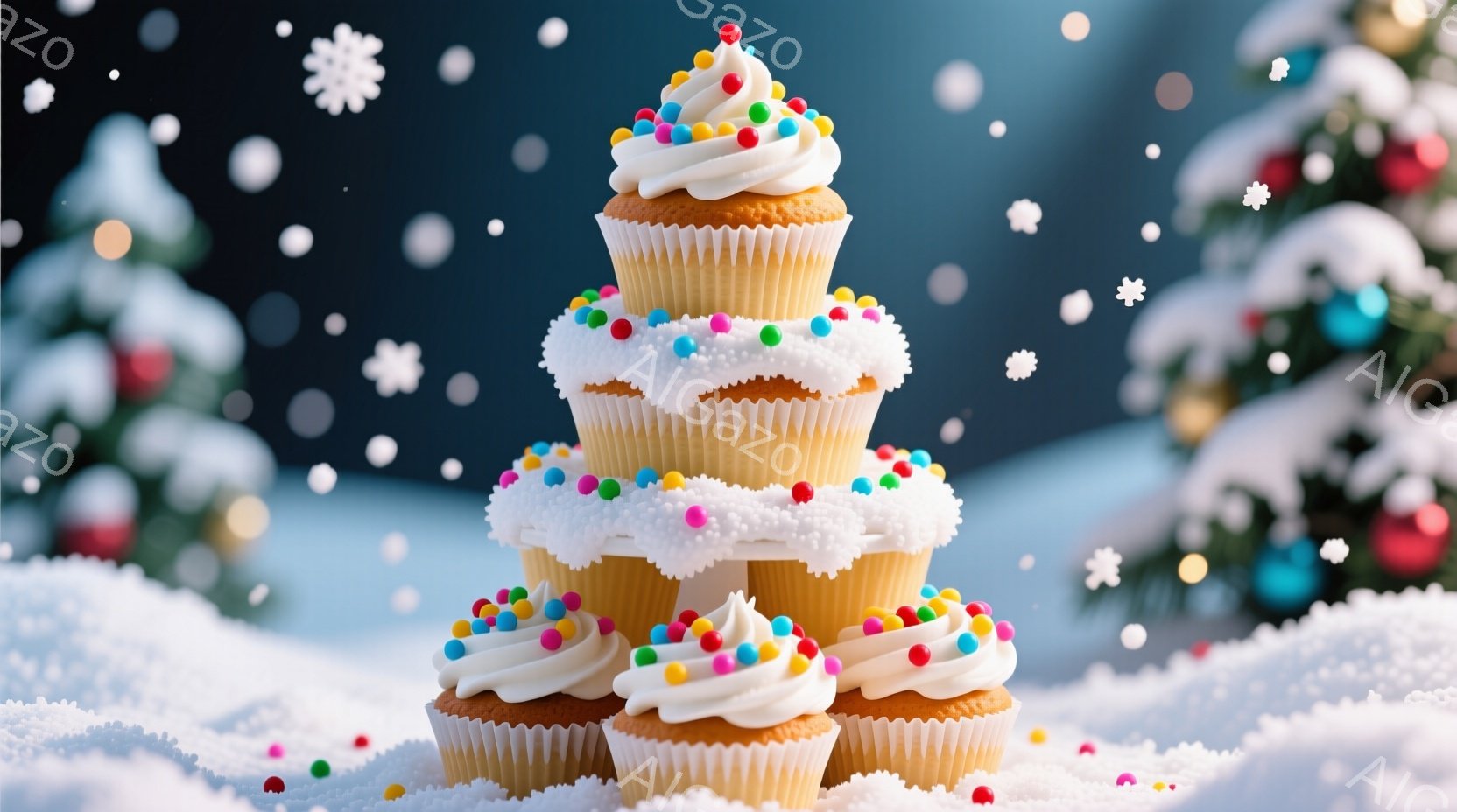 白い霜で覆われたカップケーキがピラミッド状に積み上げられ、カラフルなスプリンクルが飾られています。背景には、オーナメントで飾られたクリスマスツリーと、雪が降る夜空がぼんやりと見え、冬のホリデーパーティ - AI生成フリー素材