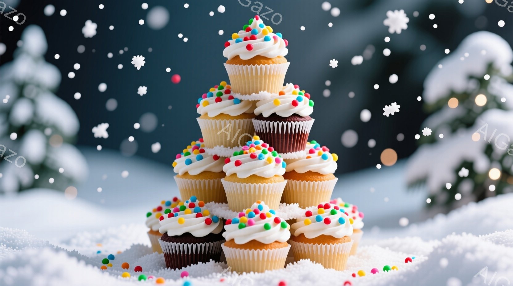 白い雪景色の中に、カラフルなスプリンクルが飾られたカップケーキがピラミッド状に積み上げられています。背景には雪をまとった木々が見え、クリスマスの雰囲気を感じさせます。全体的に甘くて可愛らしい、冬の暖か - AI生成フリー素材