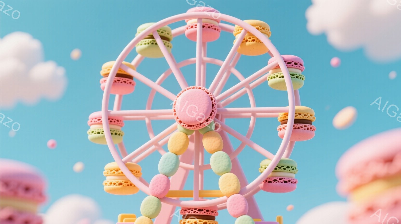 空は明るい水色で、ふわふわとした雲が浮かんでいます。ピンク、緑、オレンジ、茶色などのカラフルなマカロンが、観覧車のゴンドラのように配置され、可愛らしい印象を与えます。全体的にパステルカラーで統一されて - AI生成フリー素材