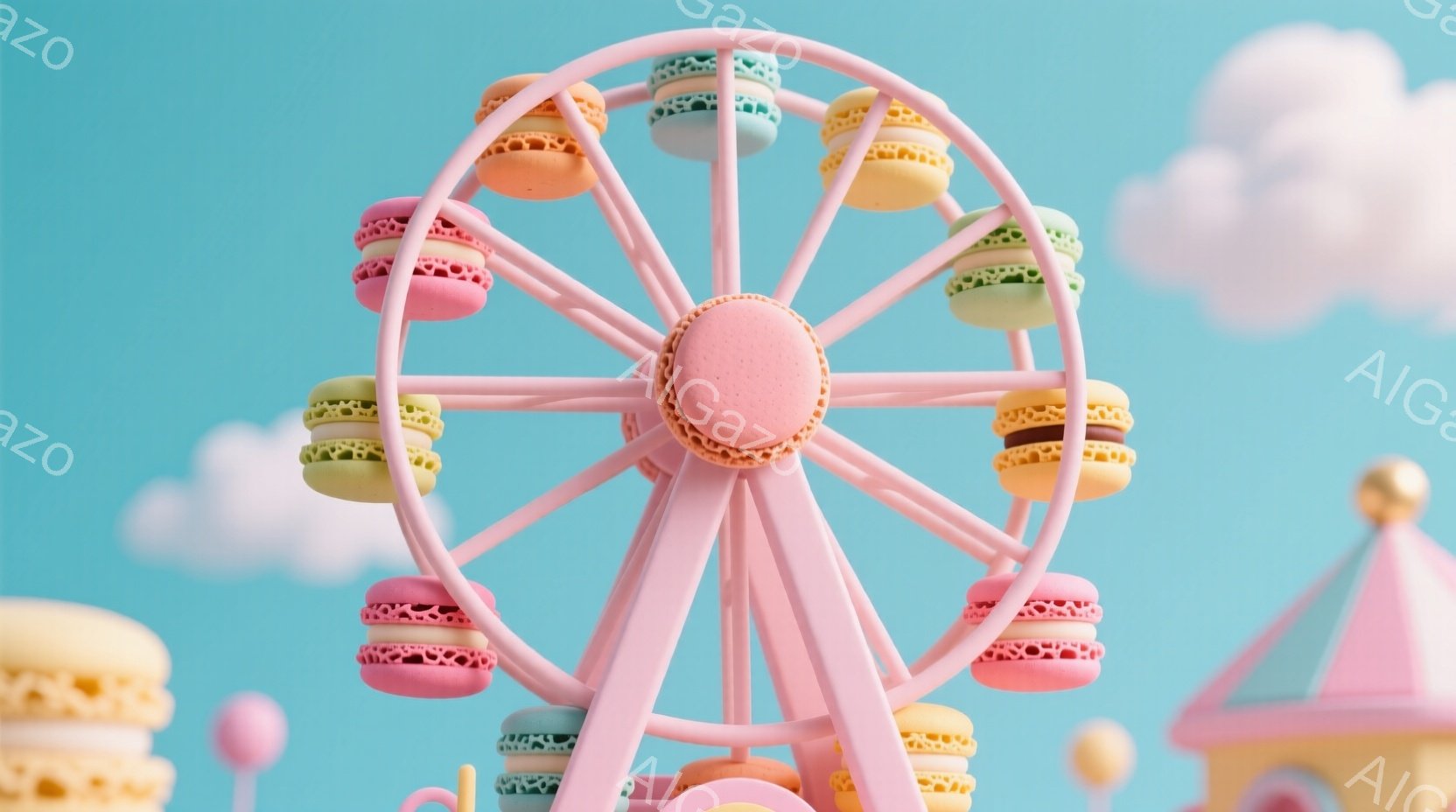 淡い青色の背景に、マカロンで作られた観覧車が描かれています。観覧車のゴンドラは様々な色のマカロンで、可愛らしい雰囲気を作り出しています。背景には、パステルカラーの建物や雲が配置され、夢のような世界観を - AI生成フリー素材