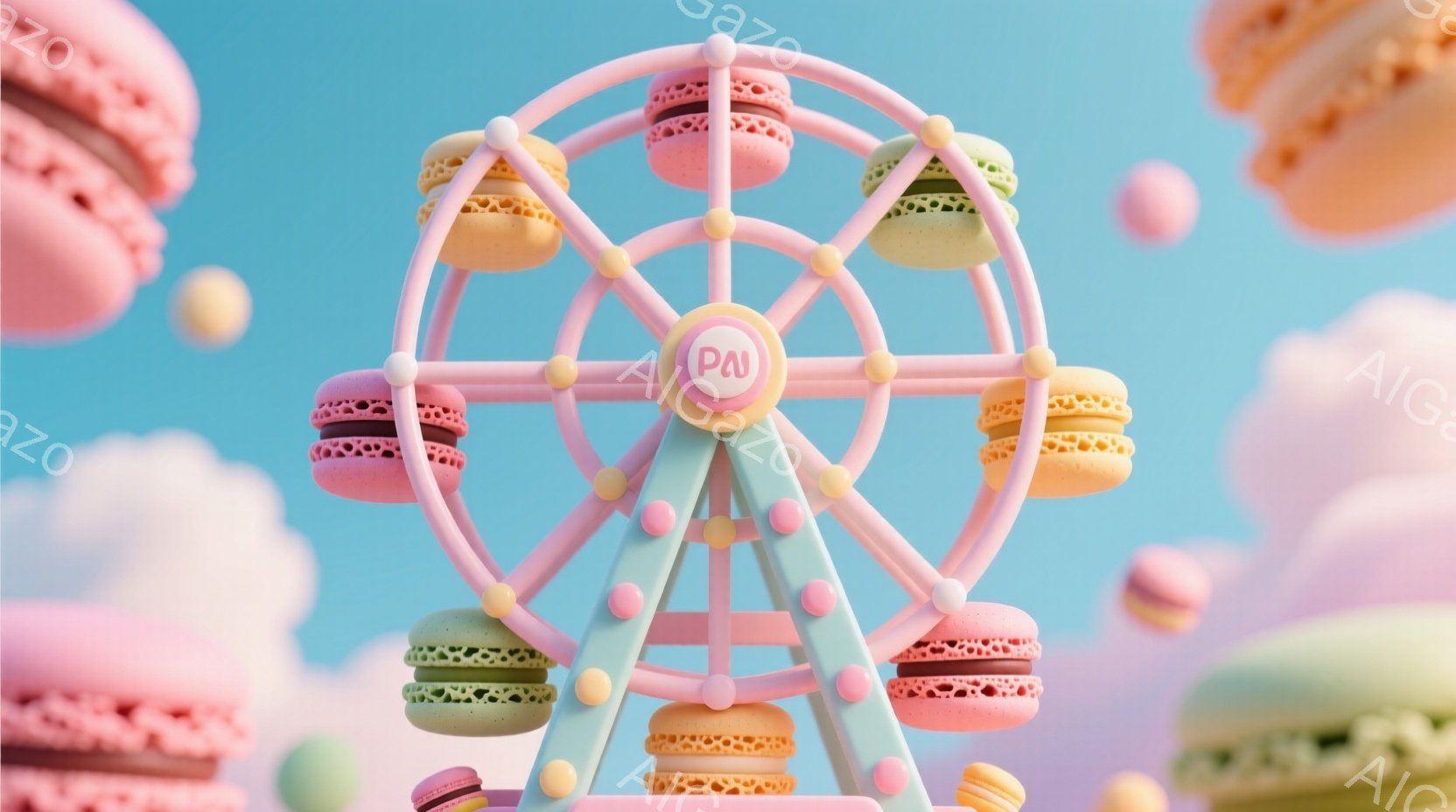 鮮やかなパステルカラーの背景に、マカロンでできた観覧車が浮かんでいる。観覧車のゴンドラは、ピンク、緑、オレンジ、茶色など様々な色のマカロンで彩られ、空には同じくマカロンが浮かび、夢のような甘い雰囲気を - AI生成フリー素材