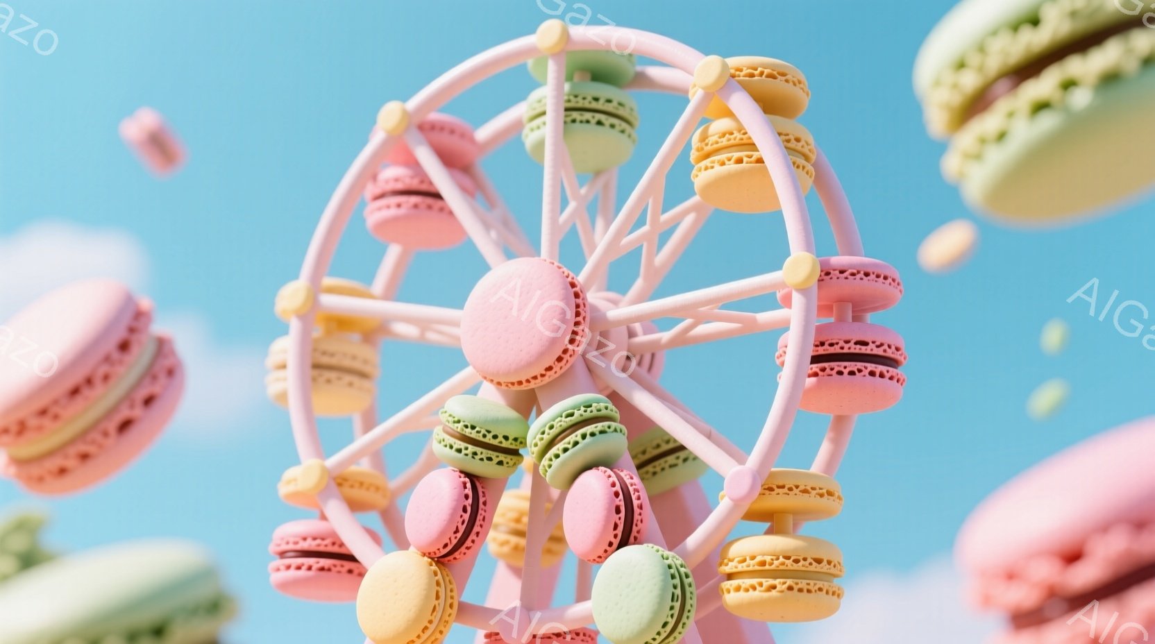 空を背景に、マカロンでできた観覧車が浮かんでいます。淡いピンク、緑、オレンジ、黄色などのカラフルなマカロンが観覧車のゴンドラのように配置され、可愛らしい雰囲気を醸し出しています。背景は穏やかな青空で、わずかに雲が見え、全体的に夢のような、甘い世界観を表現しています。