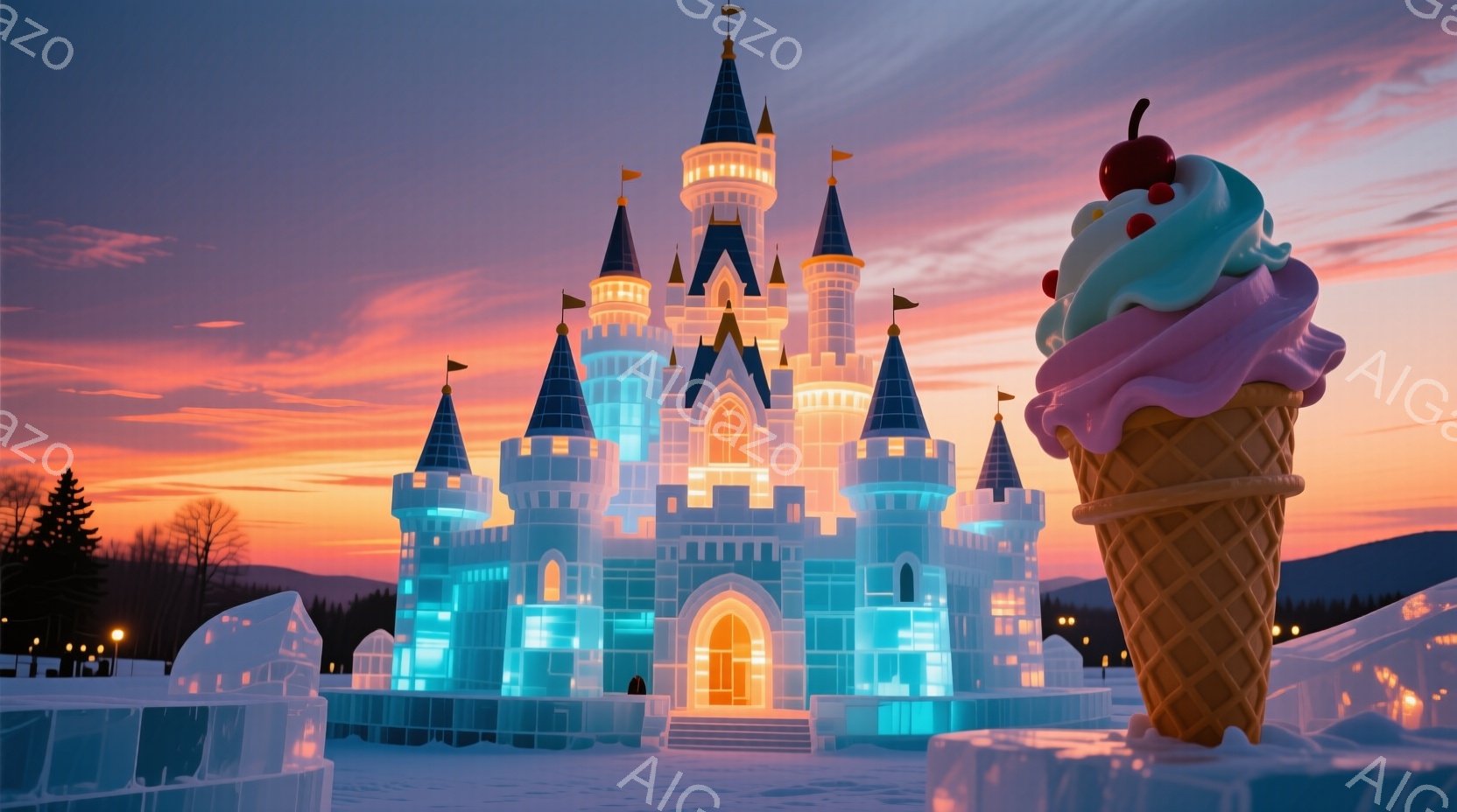 氷と雪で作られた壮大な城が、夕焼け空を背景に輝いている。城の正面には、巨大なソフトクリームの彫刻がそびえ立ち、ファンタジックな雰囲気を醸し出している。背景には雪景色が広がり、まるで冬の童話の世界に迷い - AI生成フリー素材