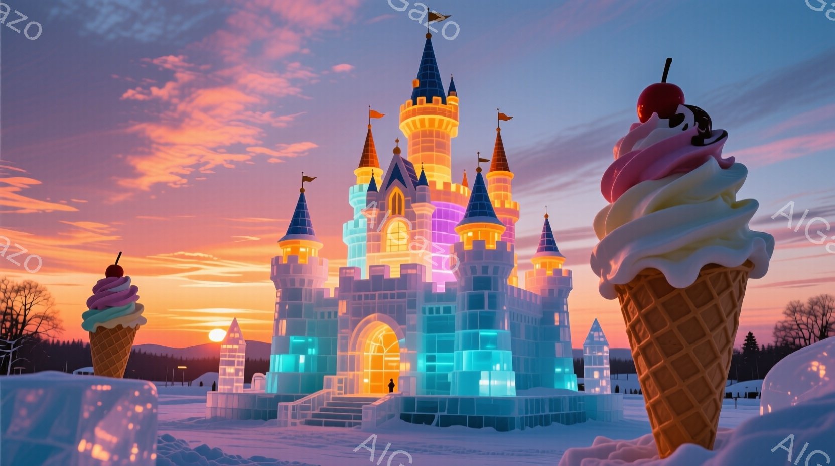 鮮やかな色彩で照らされた巨大な氷の城が、雪原にそびえ立っている。夕焼け空が背景に広がり、城とアイスクリームの彫刻に暖かな光を投げかけている。遠くには木々が見え、全体的に幻想的で冬の暖かさを感じさせる雰囲気である。
