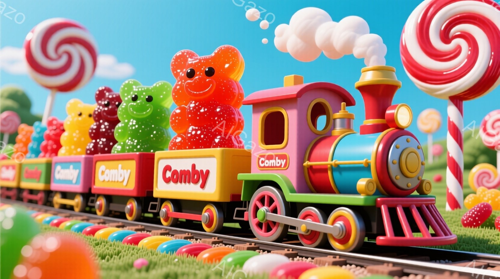 鮮やかなキャンディの世界を駆け抜ける列車が描かれています。列車の先頭車両はピンク色で、まるで巨大なグミキャンディのようです。背景には、カラフルなキャンディやグミが咲き乱れ、夢のような甘い雰囲気を醸し出しています。