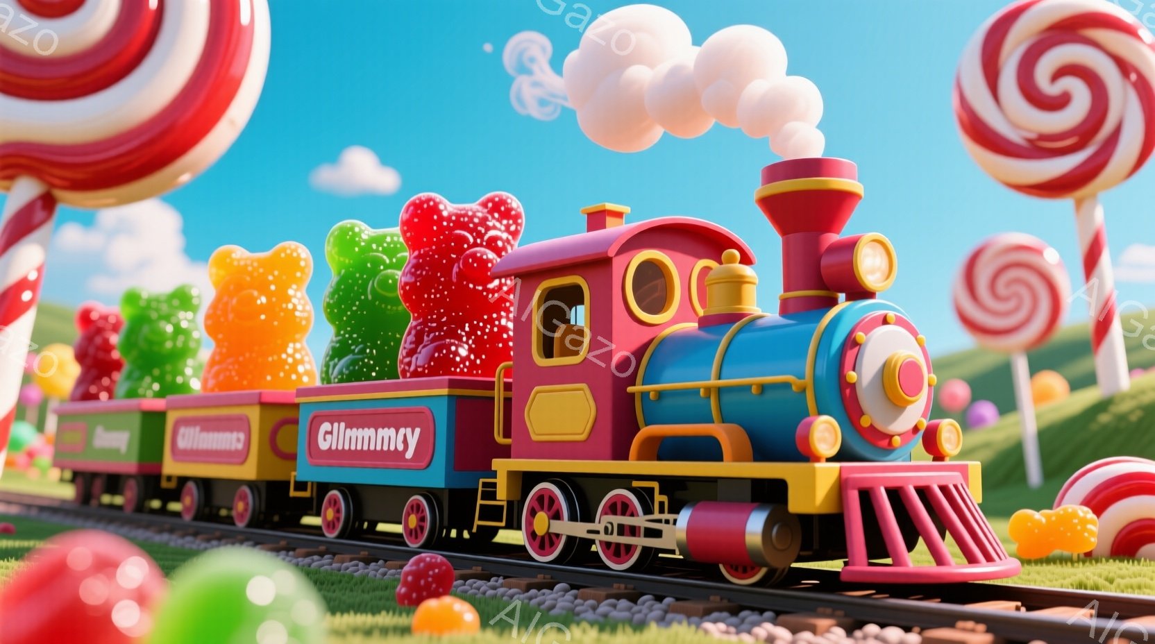 カラフルなキャンディの世界を走る列車が描かれています。機関車はピンクと水色のストライプで装飾され、客車には様々な色のグミが積み込まれています。背景には巨大なキャンディやグミが点在し、明るい太陽光が降り注ぐ、夢のような雰囲気が漂っています。