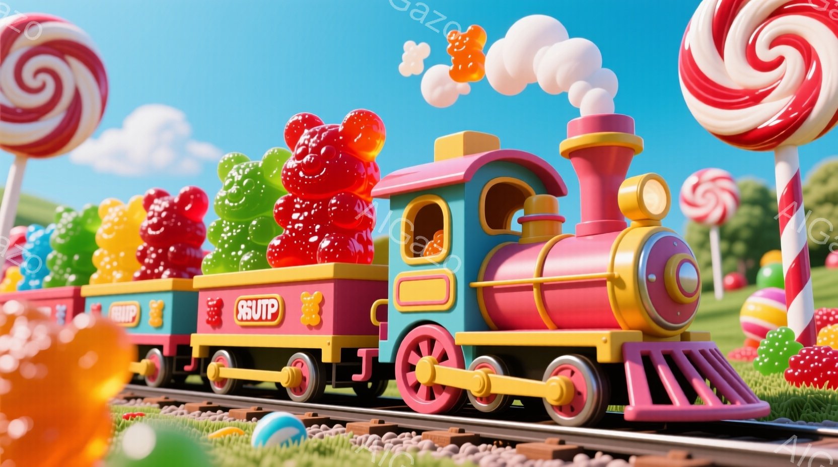 カラフルなキャンディでできた列車が線路を走っています。機関車は水色で、客車はピンク色で、それぞれが様々な種類のグミやキャンディで満たされています。背景には、巨大なキャンディの棒やグミの丘があり、明るく陽気な雰囲気が漂っています。