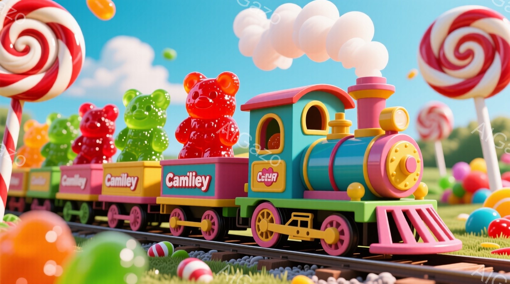 カラフルなキャンディでできた列車が線路の上を走っています。列車の先頭車両には大きな赤いキャンディが積み込まれ、他の車両にはグミやキャンディが散りばめられています。背景には巨大なロリポップやカラフルなグミが立ち並び、まるで夢のような甘い世界が広がっています。