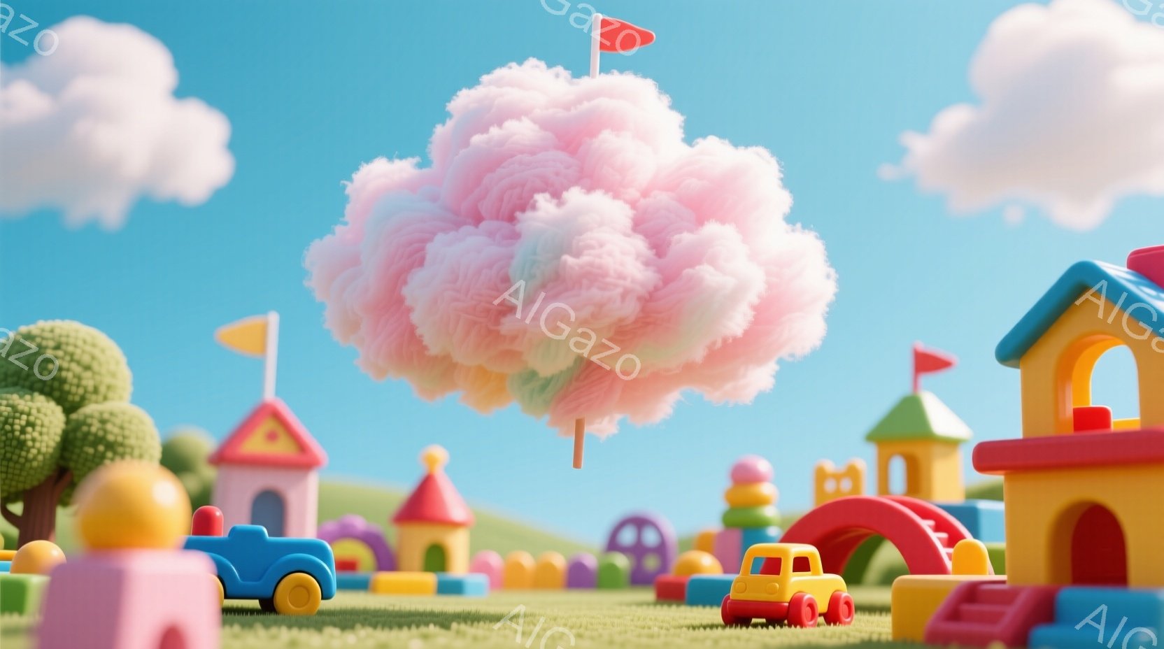 カラフルなプラスチックのおもちゃでできた街並みが、緑の芝生の上に広がっています。空は晴れで、ふわふわのピンク色の雲が浮かび、明るく陽気な雰囲気を醸し出しています。小さな家々や車、アーチなどが配置され、 - AI生成フリー素材