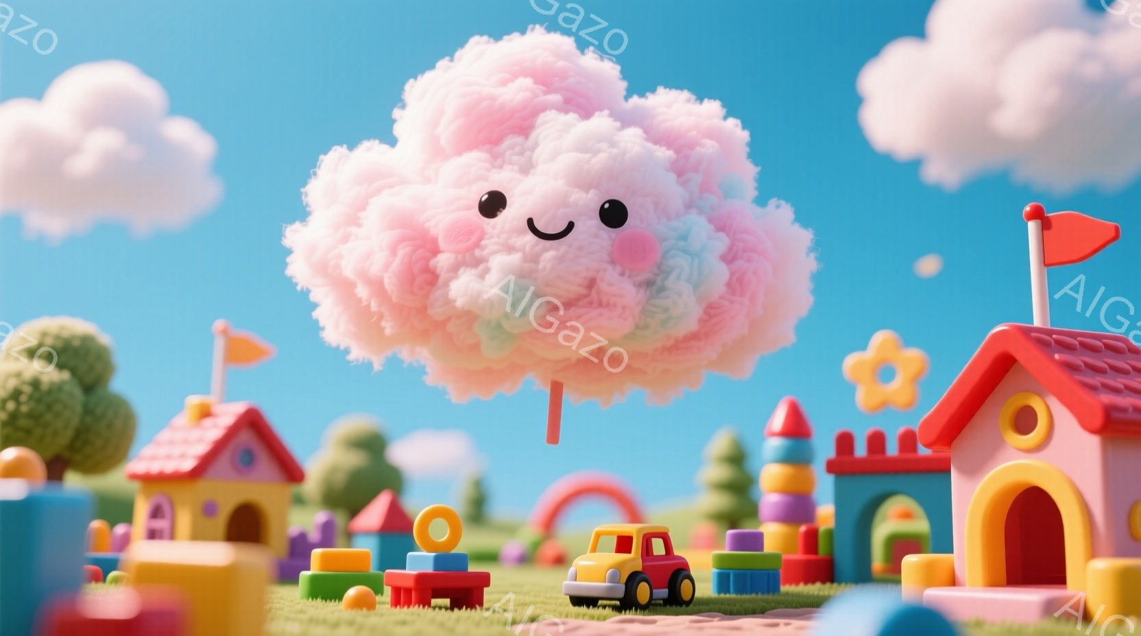 カラフルなプラスチックのおもちゃでできた街並みが、緑の芝生の上に広がっています。ピンク色の可愛らしい雲が空に浮かんでおり、笑顔で親しみやすい印象を与えます。背景には、カラフルな家、積み木、車が配置され - AI生成フリー素材