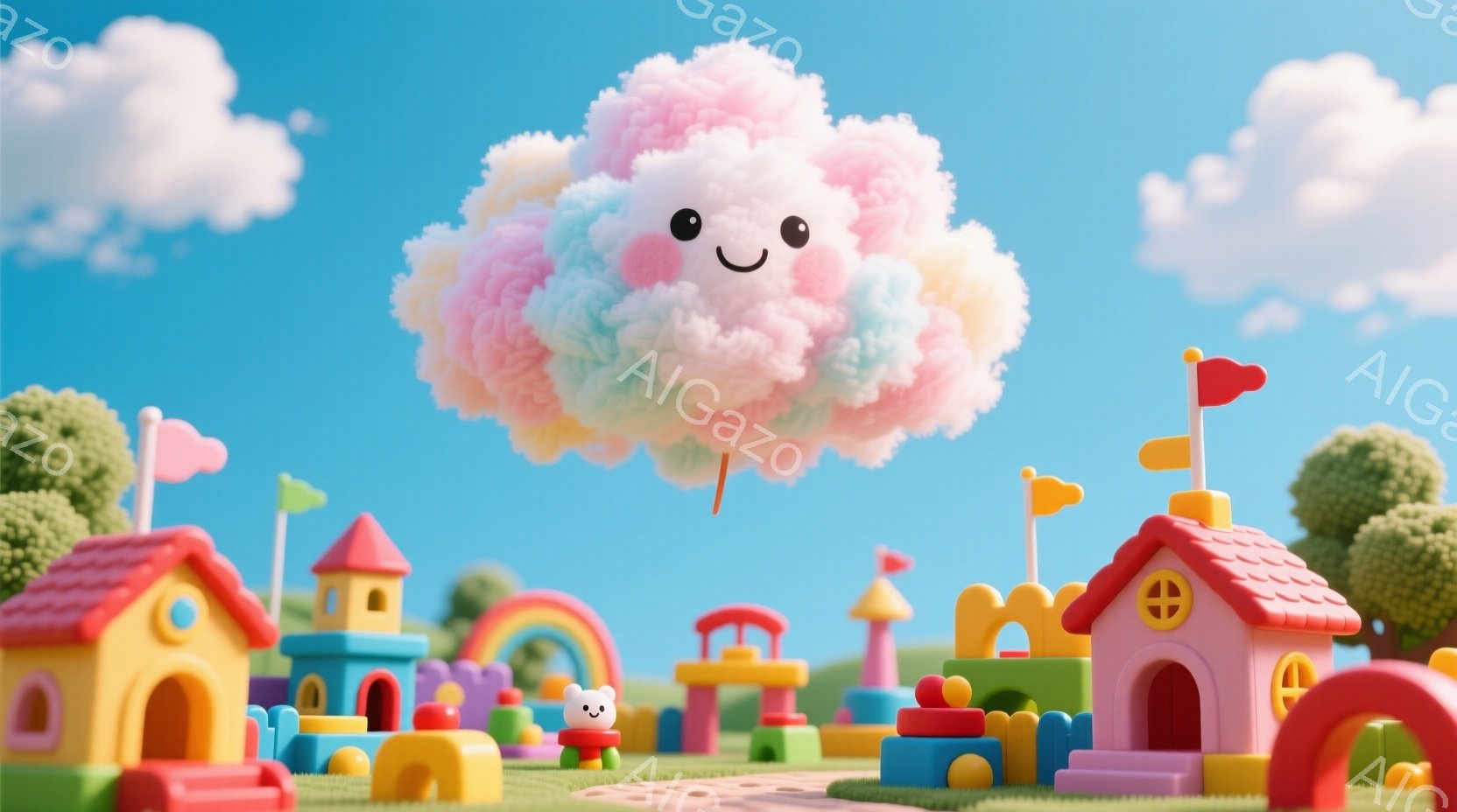 カラフルなプラスチックのおもちゃのような街並みが広がり、空には綿菓子のようなピンクと白の雲が浮かんでいます。雲には可愛らしい笑顔が描かれており、まるで生きているようです。背景は明るい青空で、全体的に夢のような、遊び心溢れる雰囲気です。