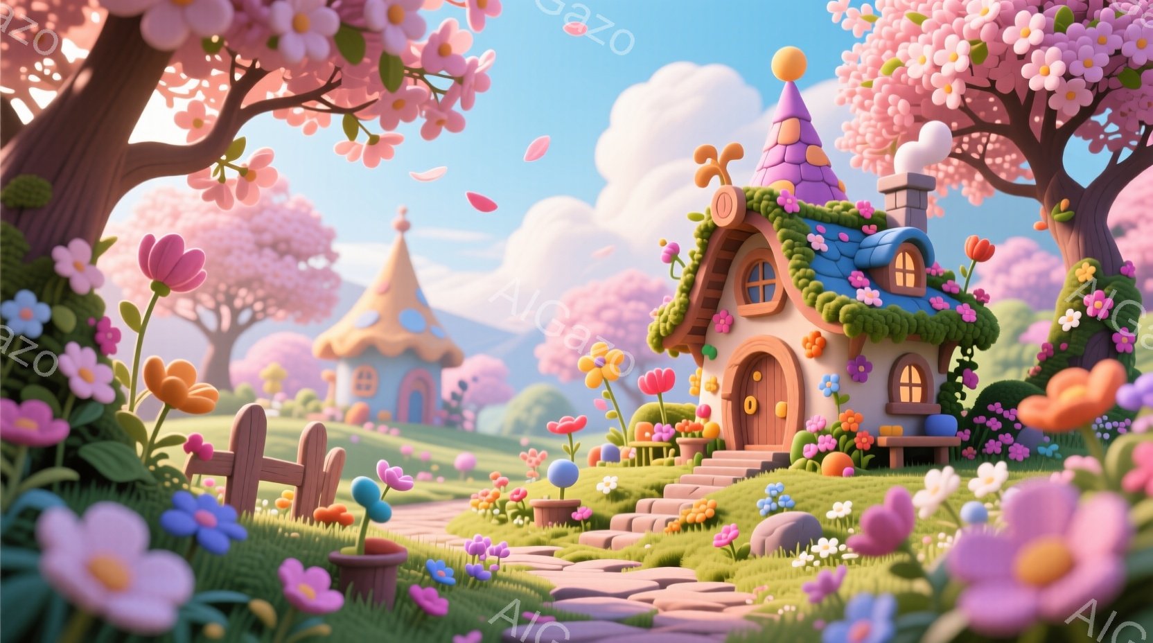 鮮やかなピンクの花が咲き乱れる春の風景が描かれています。可愛らしい丸みを帯びた家々が緑の丘に点在し、ピンクのフェンスに囲まれた石畳の道がそれらを繋いでいます。空は青く、ふわふわとした雲が浮かび、全体的 - AI生成フリー素材