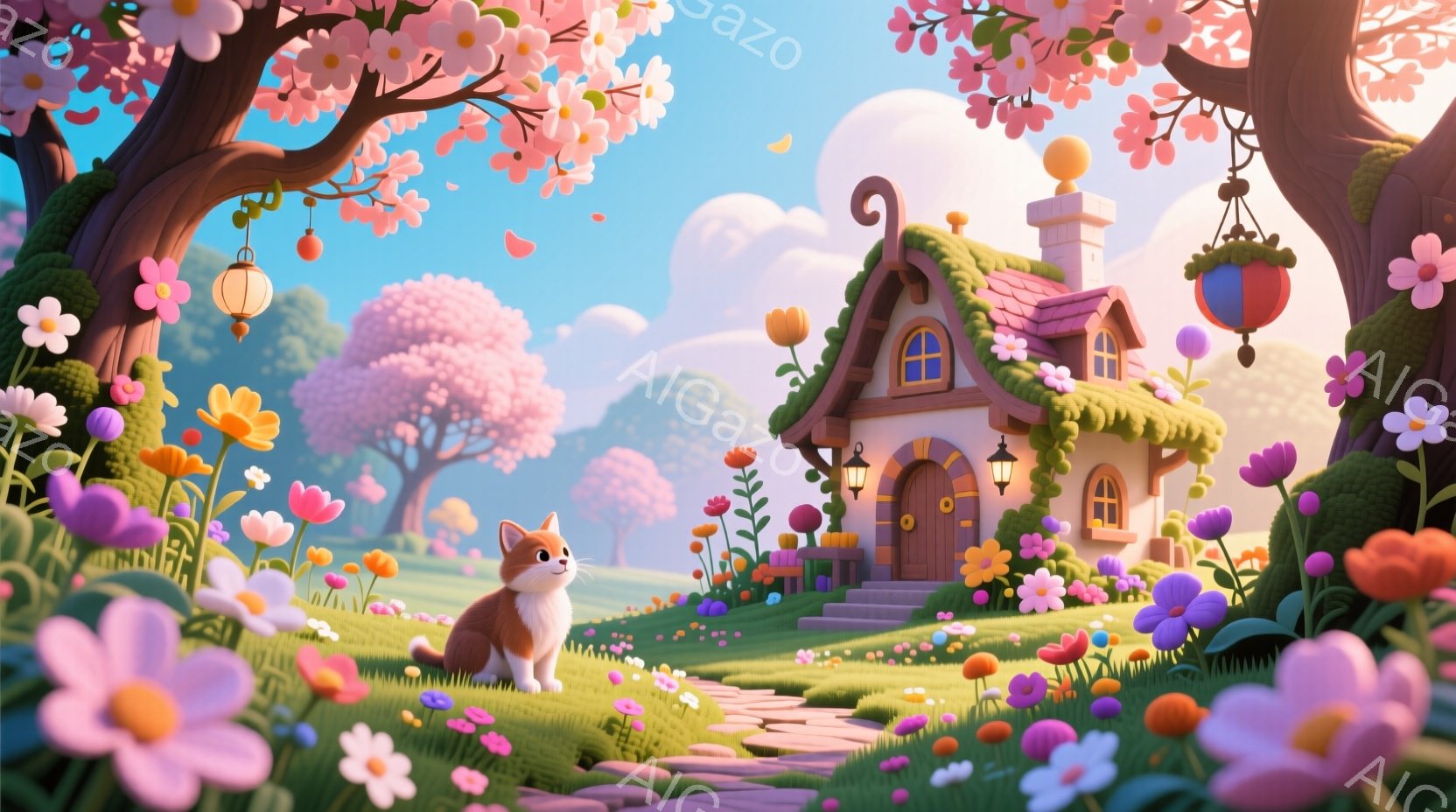 鮮やかな春の風景が広がっており、オレンジ色の猫が緑の草の上に座ってこちらを見ている。背景には、花で飾られた可愛らしいコテージと、ピンク色の桜並木が見え、おとぎ話のような雰囲気を醸し出している。全体的に明るく暖かく、牧歌的な春の日の喜びが感じられる。