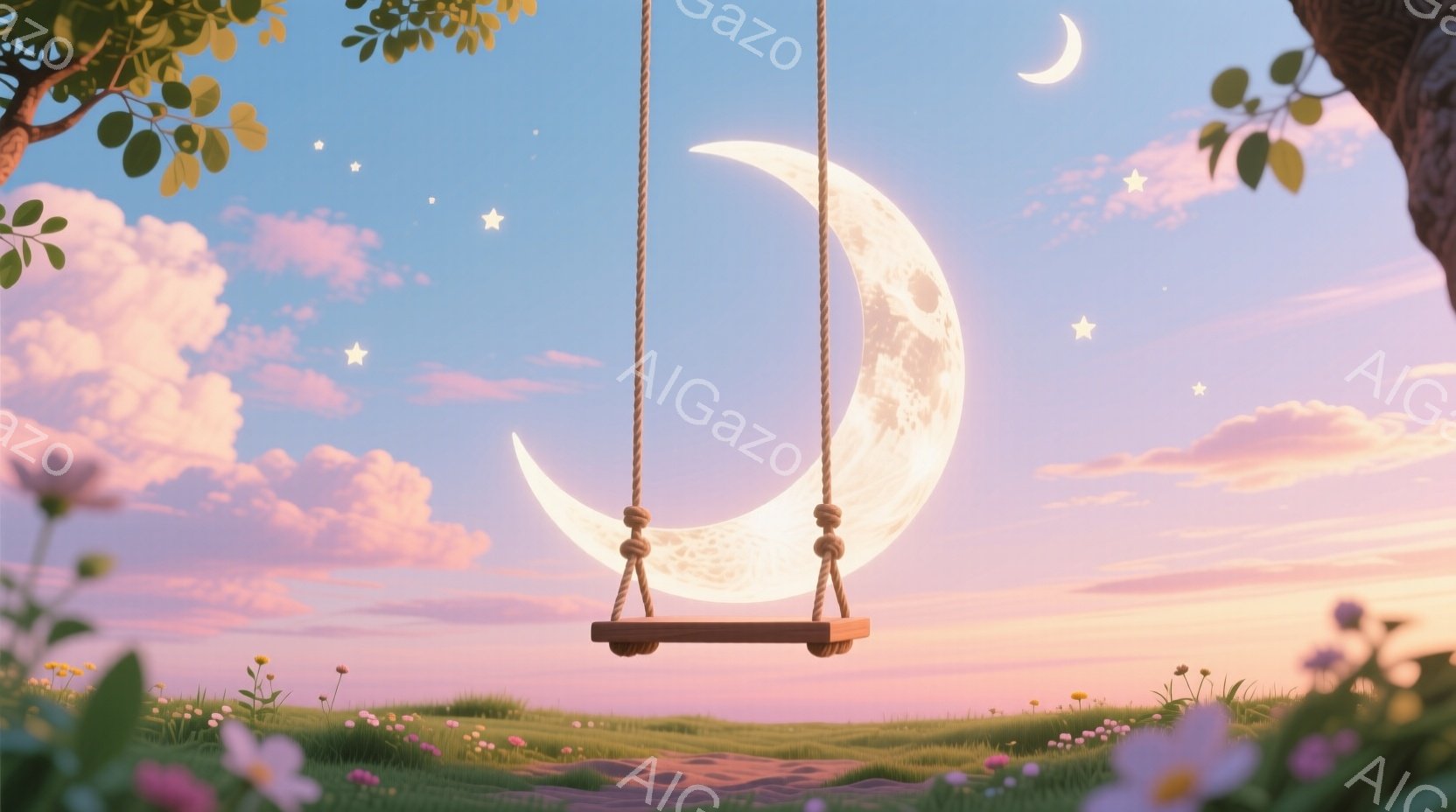 柔らかいピンクと紫色の空の下、草の丘の上に木製のブランコが吊り下げられています。満月がブランコの座席の代わりにあり、幻想的で穏やかな雰囲気を醸し出しています。背景には、花が咲き乱れる草原と、薄い雲が浮 - AI生成フリー素材