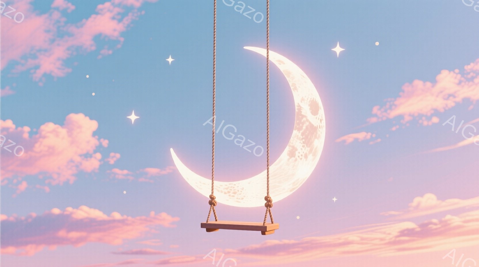 満月が吊り下げられたブランコが、淡いピンクと水色の空を背景に浮かんでいる。ブランコは木製で、ロープでしっかりと支えられており、まるで夢の中にいるような幻想的な雰囲気を醸し出している。空には小さな星が散りばめられており、柔らかく優しい光が全体を包み込んでいる。