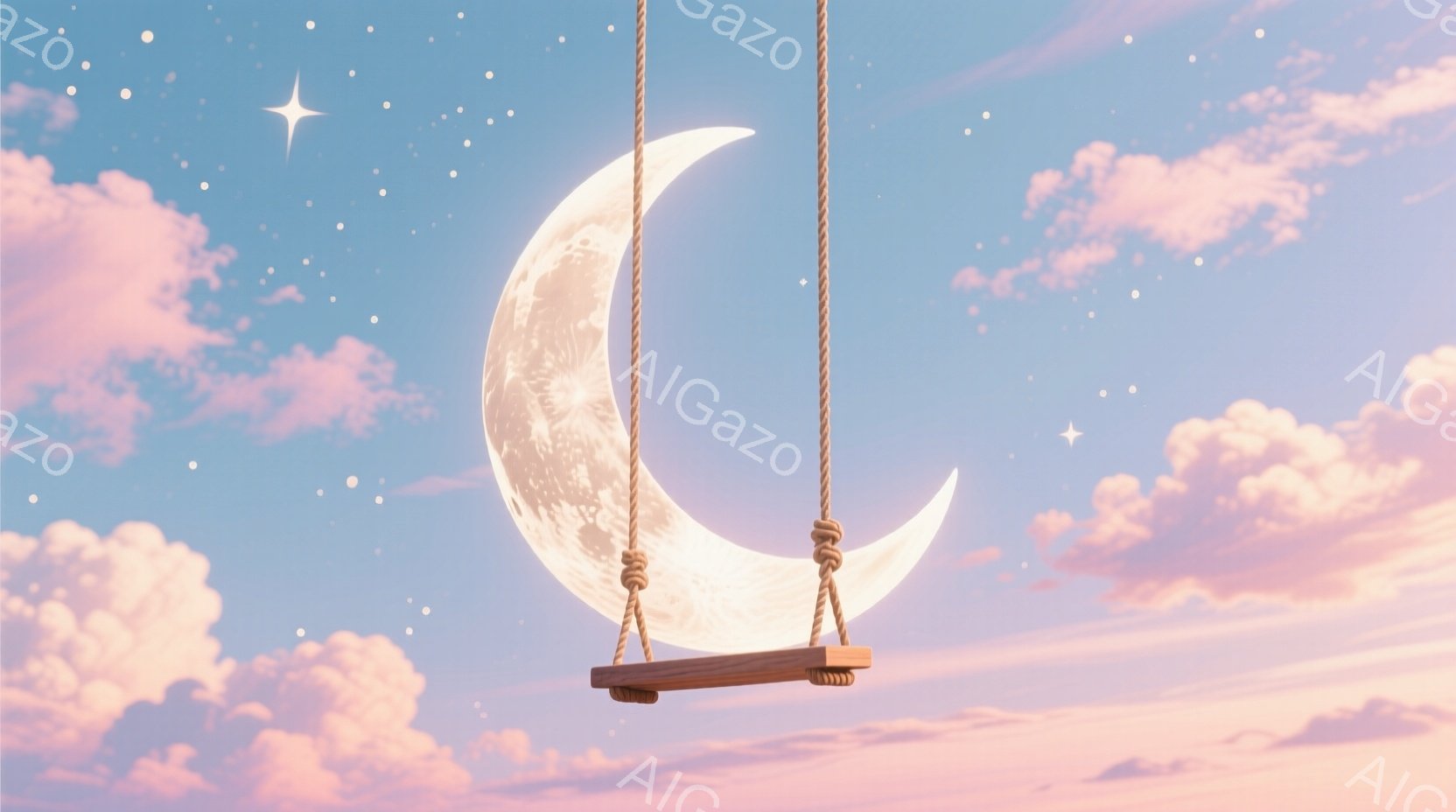 満月が空に浮かび、ブランコのように吊り下げられています。背景は淡いピンクと青の雲で覆われ、まるで夢のような幻想的な雰囲気を作り出しています。全体的に穏やかで平和な印象を与える、美しい情景です。 - AI生成フリー素材