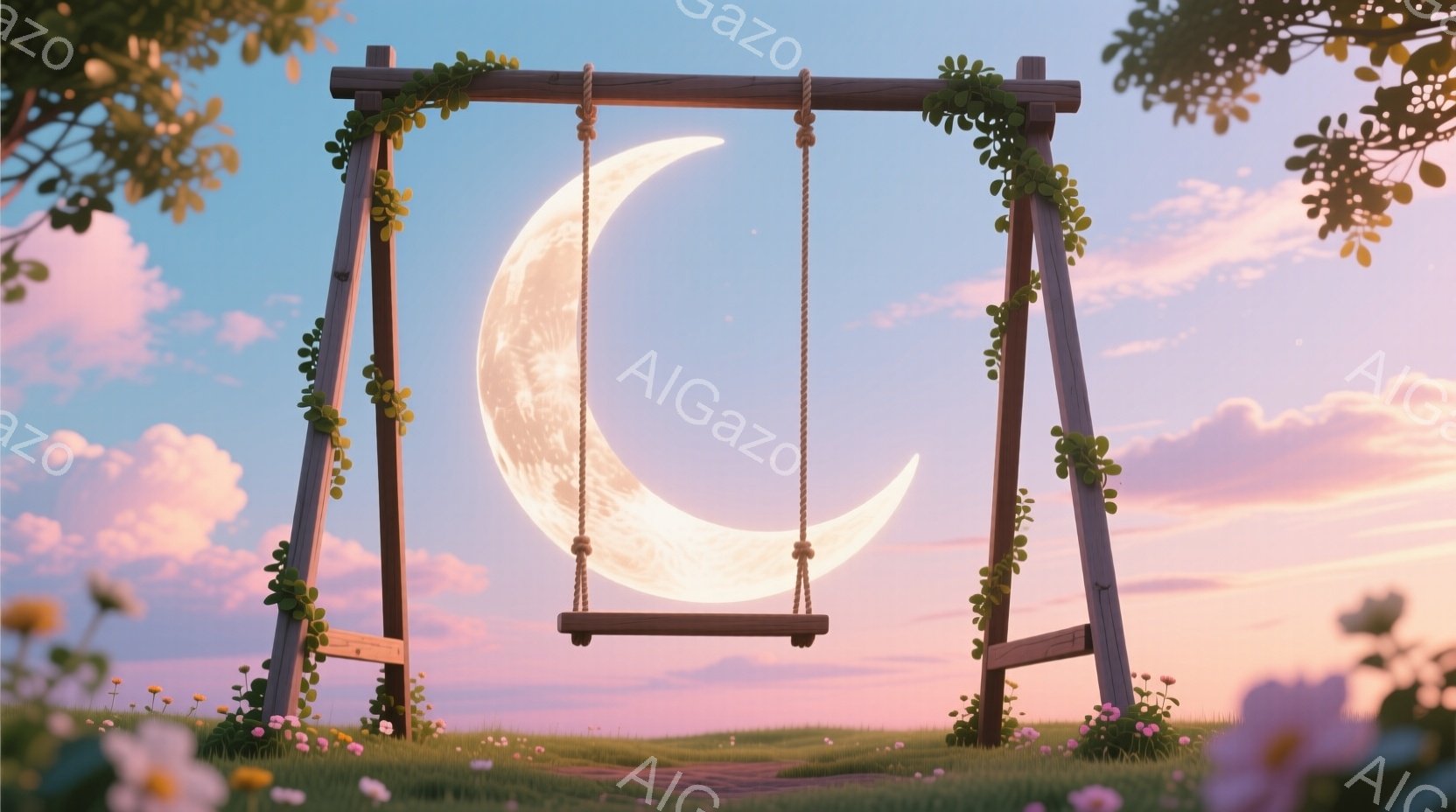 広々とした緑の丘に、木製のブランコが設置されており、周囲はピンクや白の花々で彩られています。背景には、淡いピンクと紫色のグラデーションが広がる夕焼け空と、大きく輝く満月が浮かび上がり、幻想的な雰囲気を - AI生成フリー素材