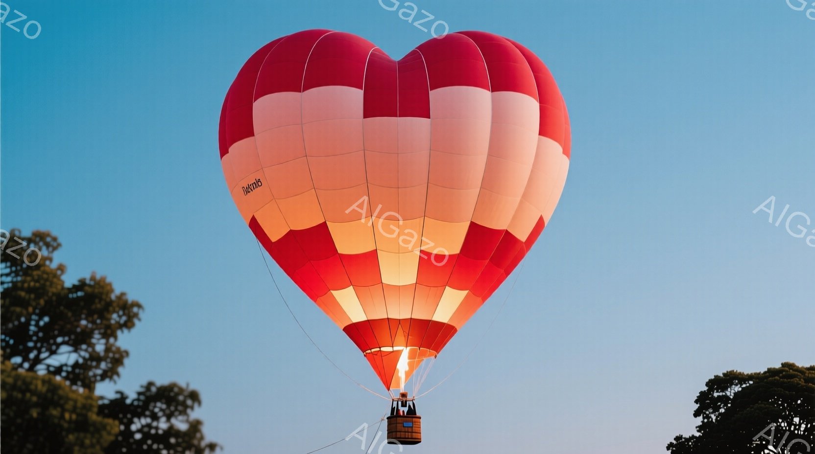 空には、赤とオレンジの色合いが美しい熱気球が浮かんでいる。熱気球の下には、バスケットがあり、中に数人の人々が見えるが、詳細な服装や表情は不明である。背景には緑の木々が広がり、空は明るい青色で、穏やかで - AI生成フリー素材